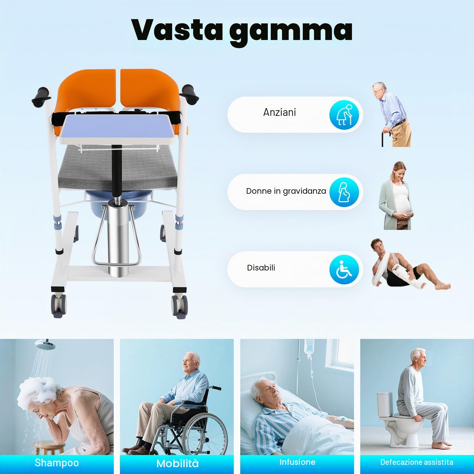 Sedia di trasferimento idraulica per pazienti - Regolabile in altezza con piano del tavolo - Rulette bloccabili e sedile diviso a 180° - Sedia da doccia per anziani e disabili