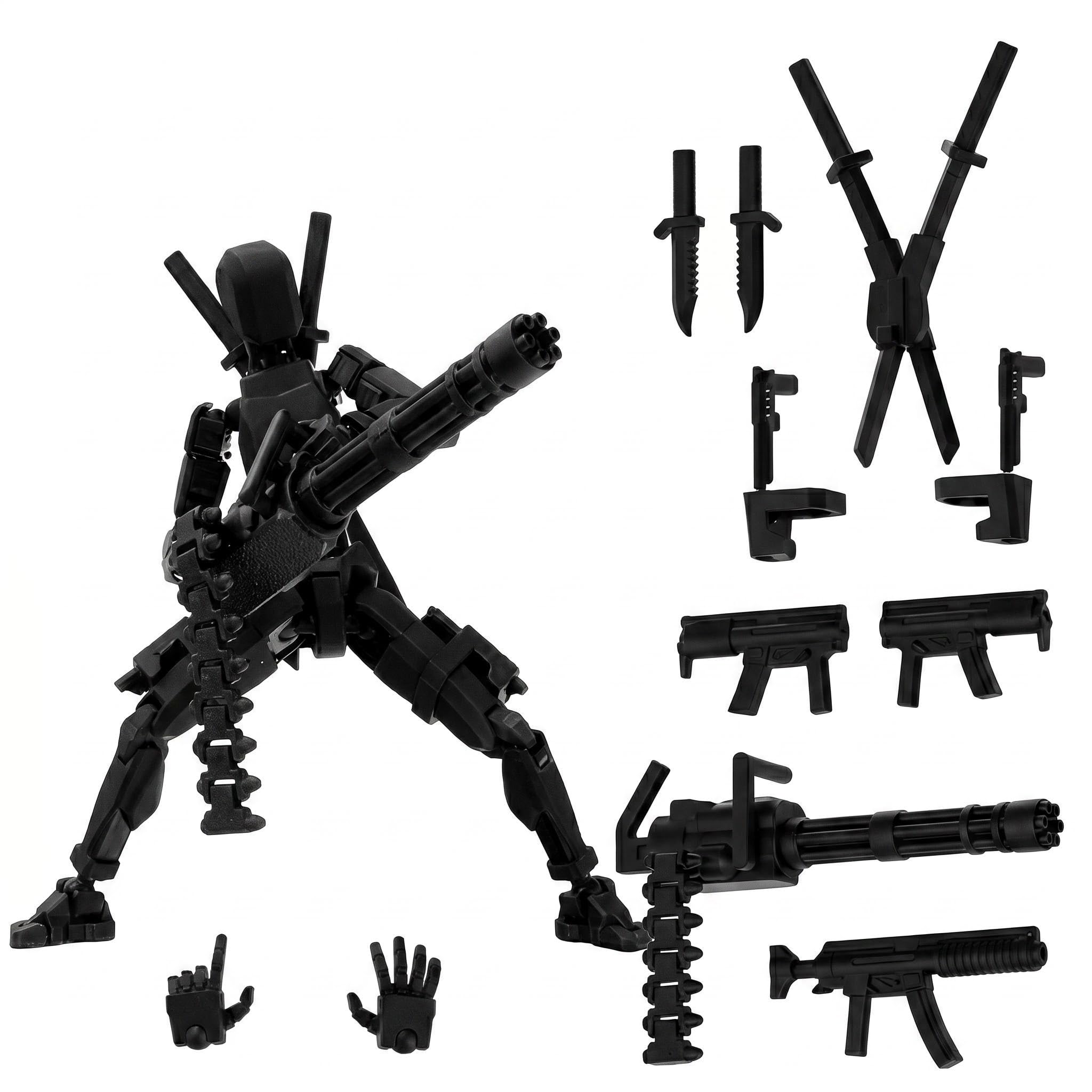 Copbopwn Titan 13 Action Figure 3D Printed Multi-Jointed Dummy 13 Poseable Robot Model with Gatling Gun Lucky 13 Action Figure Robot Assembled Desktop Decoration Office Home Gift for Adults (Black)
