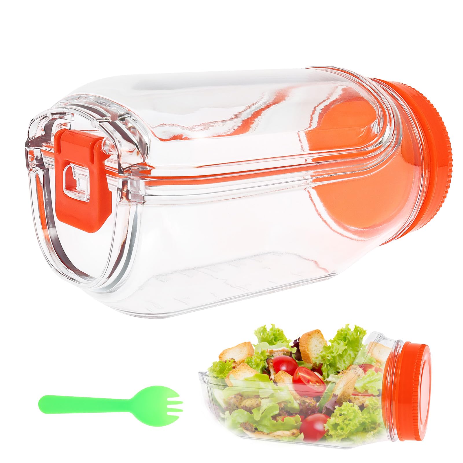 Yunyouc Orange 1Pcs Salad Pod With Fork, 700Ml Salad Jar With Side Opening, Built-In Bowl Design, Leak Proof Sauce Dressing Case, Dishwasher Safe, Microwave Safe, Fresh Salads Storage For Lunch, Fruit(Orange 1Pcs)
