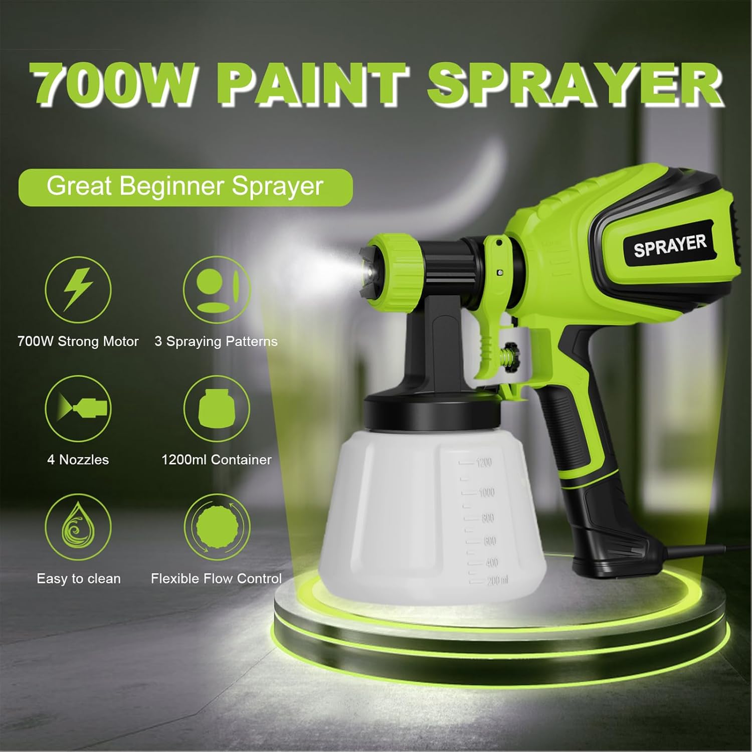 Image showing the paint sprayer's features including 700W motor, 3 spraying patterns, 4 nozzles, 1200ml container, easy to clean, and flexible flow control.