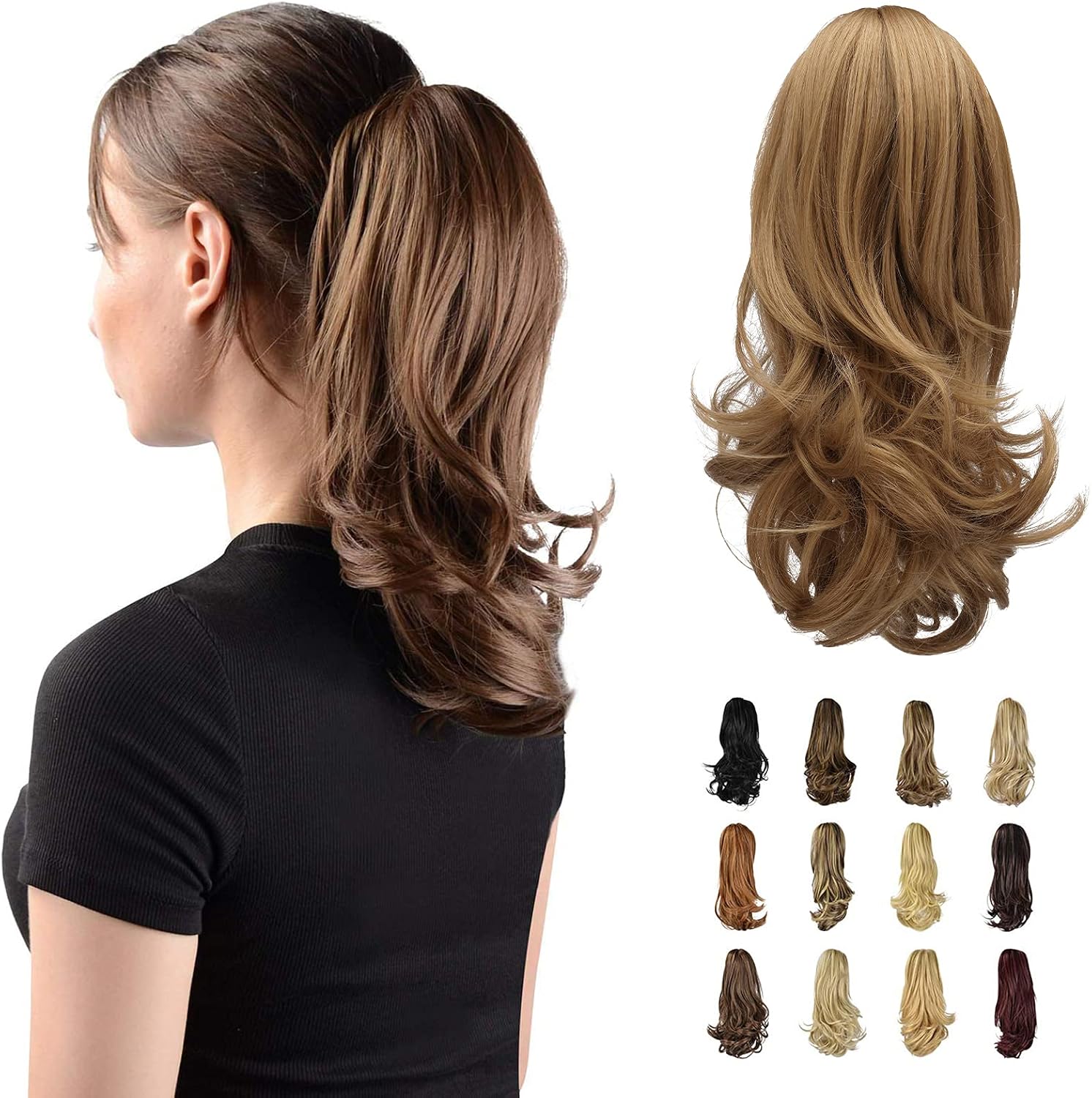 Sofeiyan 13" Ponytail Extension Long Curly Ponytail Clip in Claw Hair Extension Natural Looking Synthetic Hairpiece for Women,Light Blonde mix Strawberry Blonde Evenly