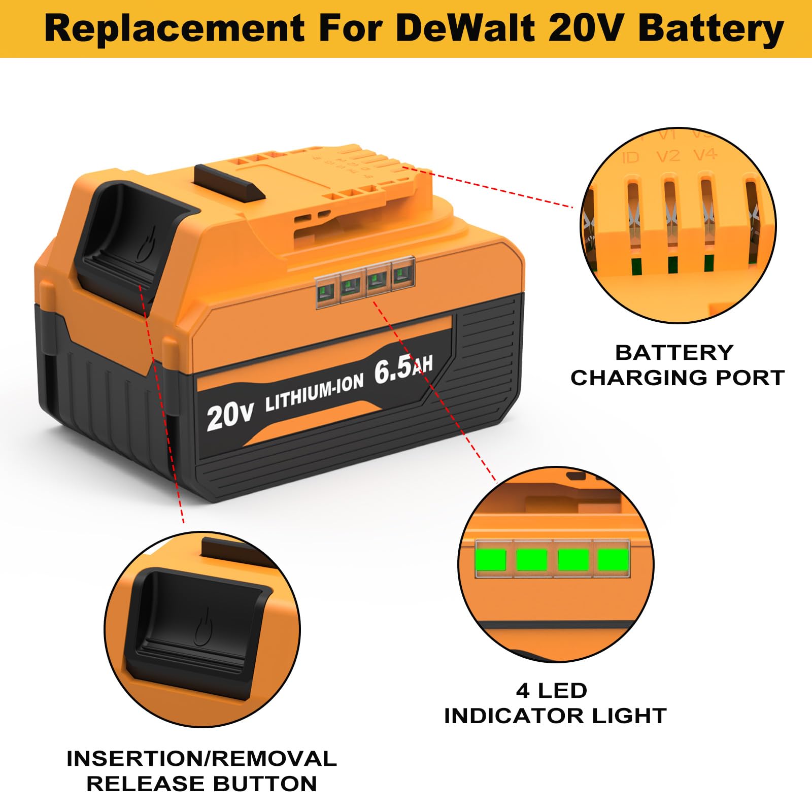 Ahomtikk 4-Pack 20V 6.5Ah High Capacity Replacement for Dewalt 20V Max Battery DCB206 Compatible with Dewalt 20 Volt Tools Battery DCB200 DCB203 DCB204 DCB208 DCB207