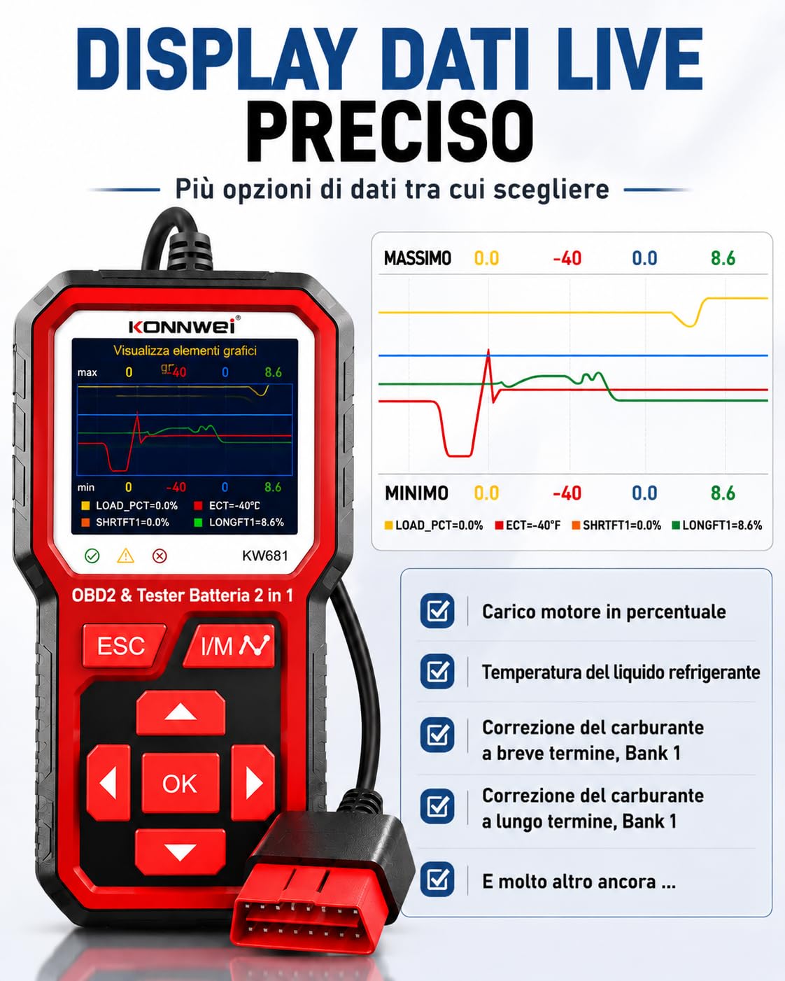 KONNWEI KW681 - Valigia diagnostica auto 2 in 1, lettore OBD2 diagnostico auto con tester batteria auto 6 V/12 V, test batteria CCA/SOH/SOC, compatibile con veicoli Benzina | Diagnosi del veicolo