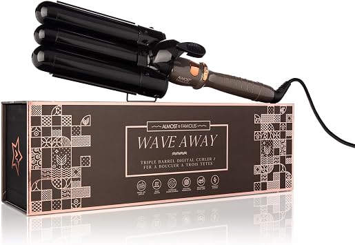 Almost Famous Wave Away Triple Barrel Clip Curling System, 3 Barrel Curling, Crimper with LCD Temp Display, Professional Beauty Tool, Temperature Adjustable Charcoal Black