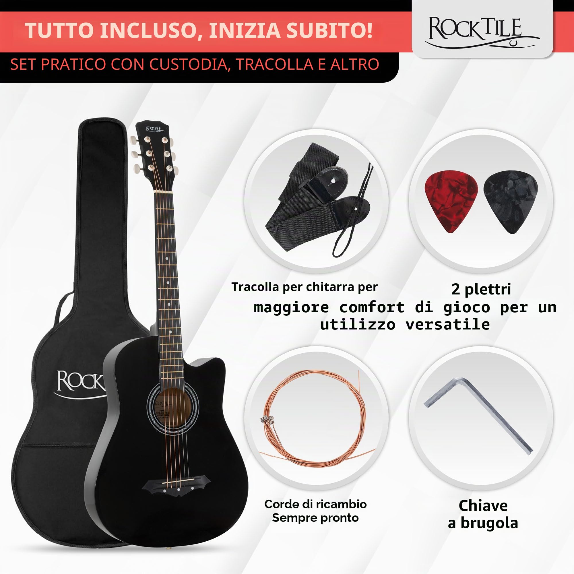 Rocktile WSD-5C-BK Slim Line Set Chitarra Western Nera, Generale, Peso: 1 | Modello: WSD-5C-BK, 4 kg, Lunghezza totale: 95 cm, Numero di corde: 6, Orientamento: Destrimano, Corpo, Top: Tiglio, Manico