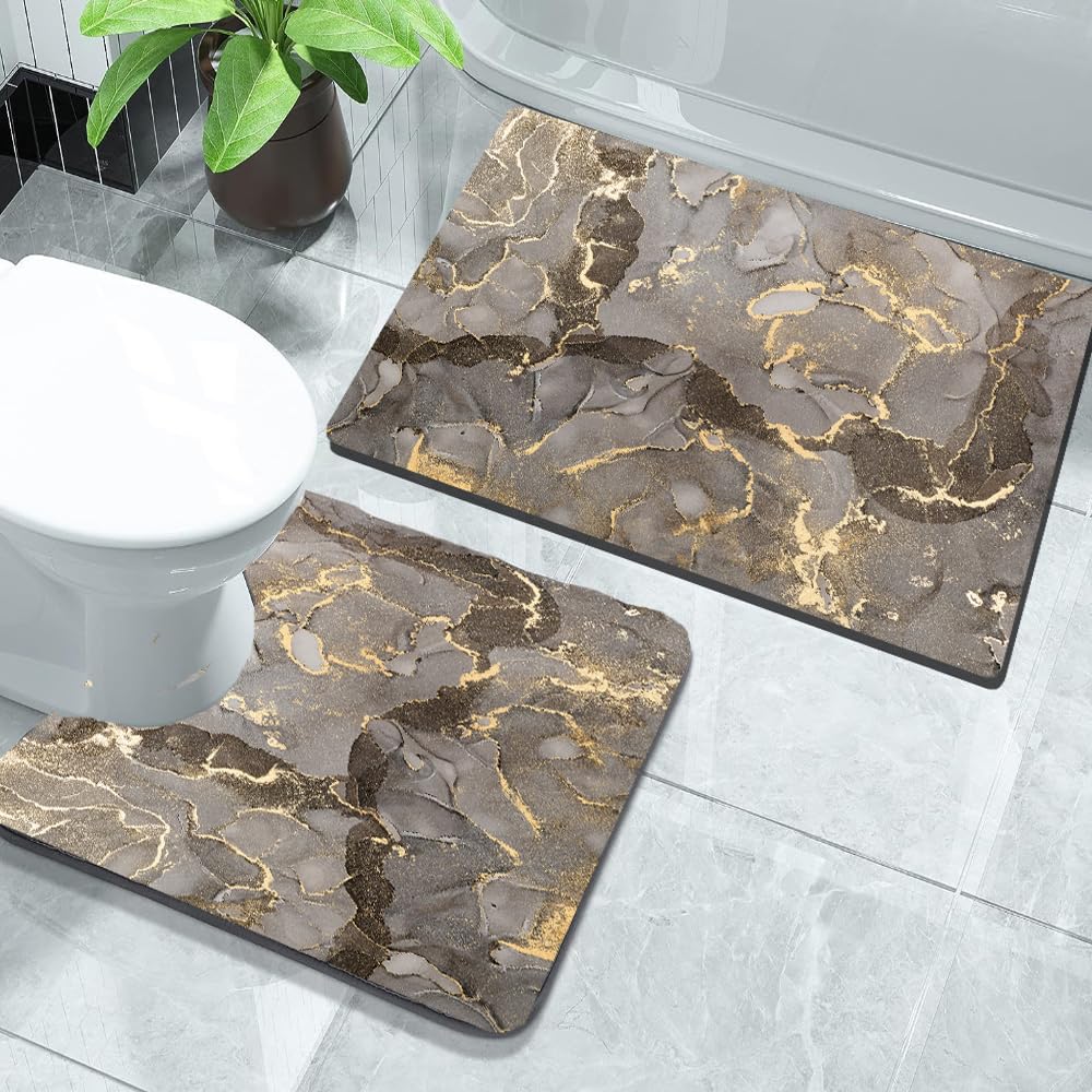Gray stone bathroom Mat 2 Piece Sets Non-slip bath mats, absorbent bathroom mat with quick water absorption and rubber backing, door mat Gray marble floor mat, washable shower mat +Toilet contour mat