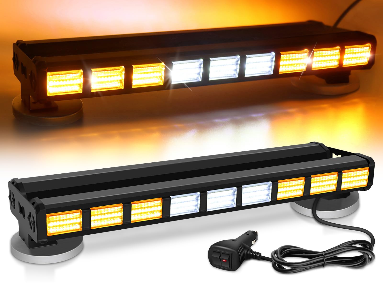 AnTom 2PCS LED Barre stroboscopique bilatéral 81W 9COB Rampe Gyrophare LED 9 * 27 LEDS Clignotant d'urgence 27 modes pour Voiture Véhicule Camion Remorque Caravane (ambre/blanc)