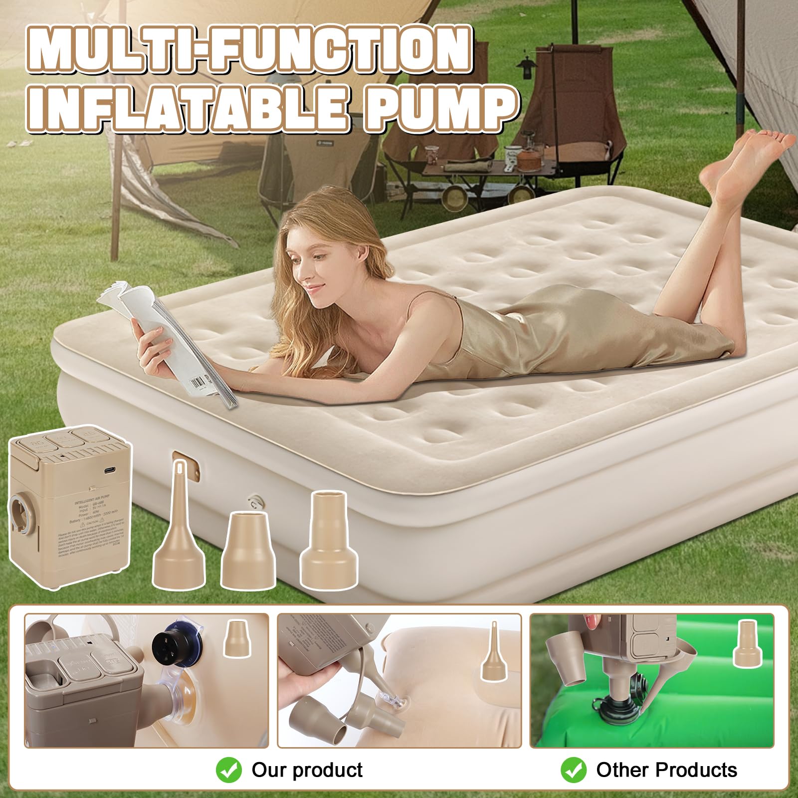 Charmofun Luftmatratze für 2 Personen, Luftbett mit integrierter Pumpe | Komfortable Luftmatratze mit integrierter Pumpe und beflockter Oberfläche für Camping, Gästezimmer. 200 × 154 × 43 cm