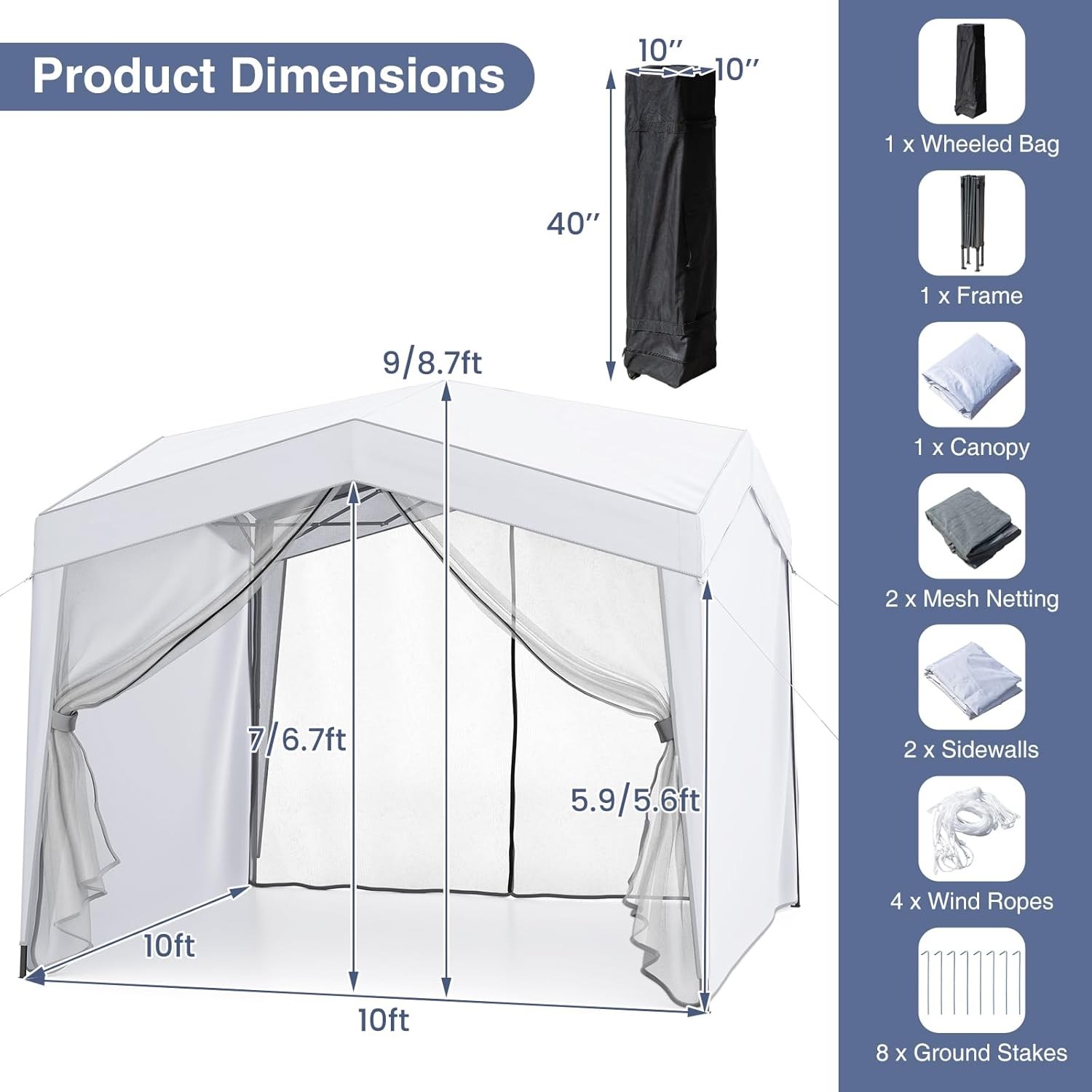 Tangkula 10x10Ft Pop up Canopy with Sidewalls, UPF50+ Portable Outdoor Screen Tent with Mesh Netting, Wheeled Bag, 8 Stakes, 4 Wind Ropes, Easy Set-Up Canopy Tent for Beach Party Event Camping (White)