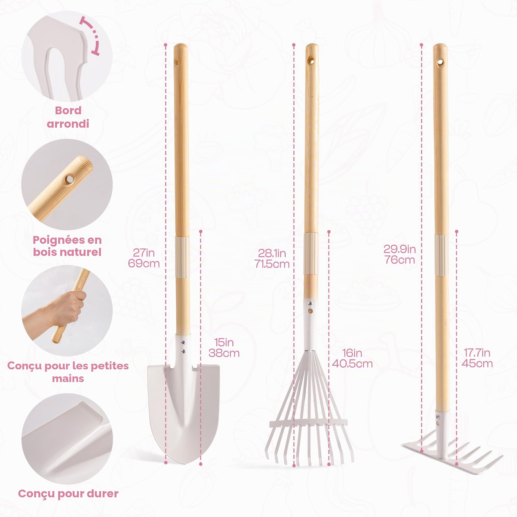 ROBOTIME Ensemble d'outils de jardin pour enfants en métal & outils de plantation, set de jardin grand format 5 pièces vert olive avec manche en bois de pin réglable, arrosoir, râteau, pelle, pour