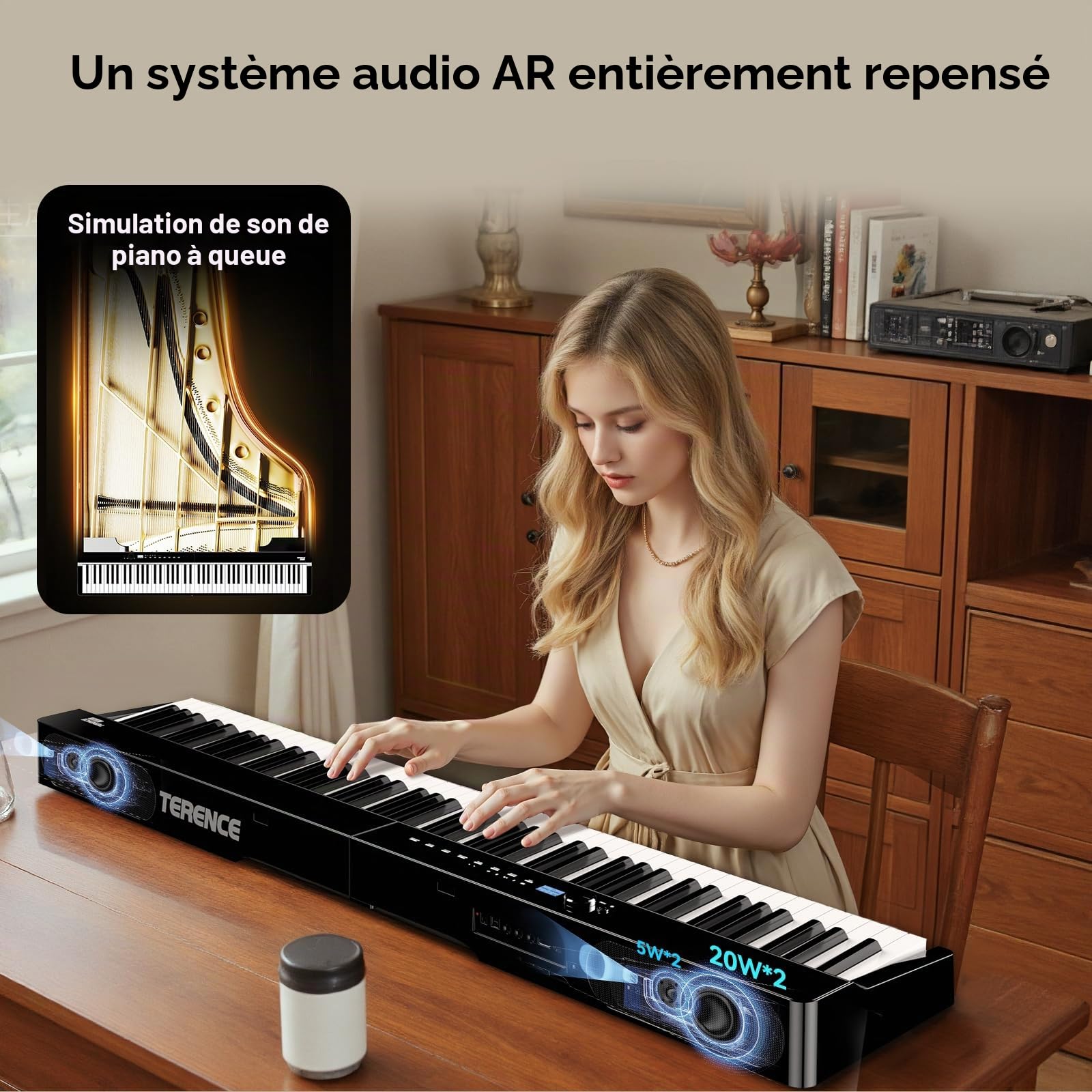 TERENCE V70 Piano numérique pliable 88 touches lourdes Piano électrique avec 4 haut-parleurs 20W*2+5W*2 Clavier piano avec Bluetooth Casque inclus –préparation aux examens de piano,noir