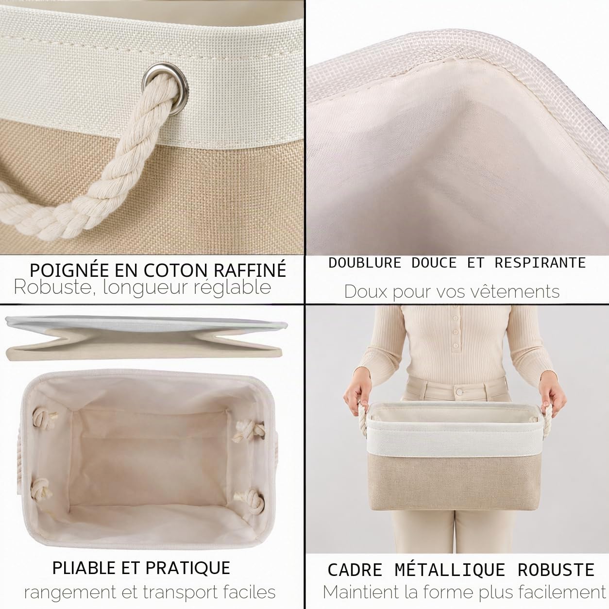Mangata Lot de 4 boîtes de rangement pliables en tissu avec poignées pour armoires, armoires, étagères, salle de bain, vêtements, jouets, serviettes (M, Blanc Kaki)