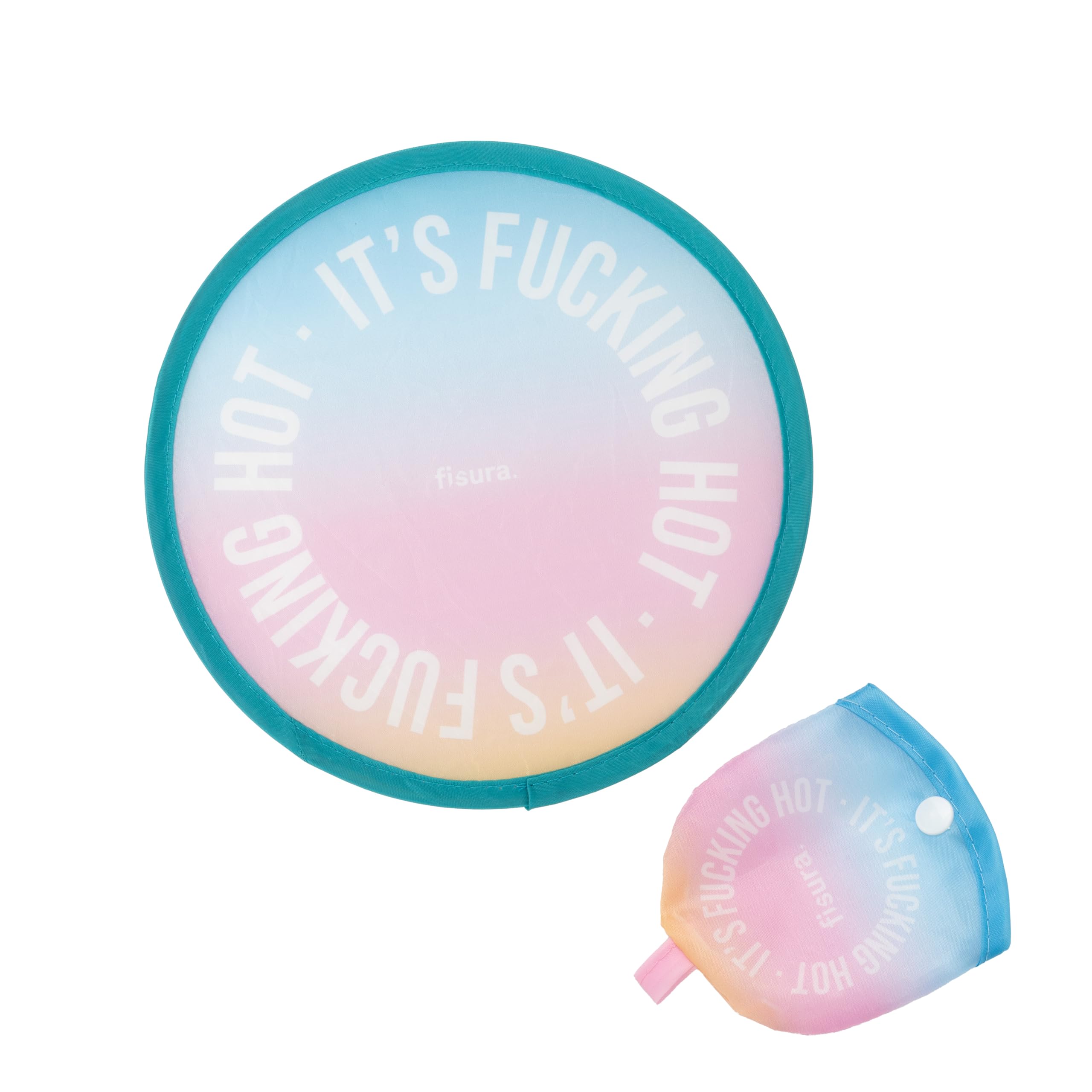 Fisura – Original Round Folding Fan It´s f*cking hot Handheld Foldable Fan. Gradient float Frisbee. 1 Unit. Portable Gift for Parties. 20 cm.