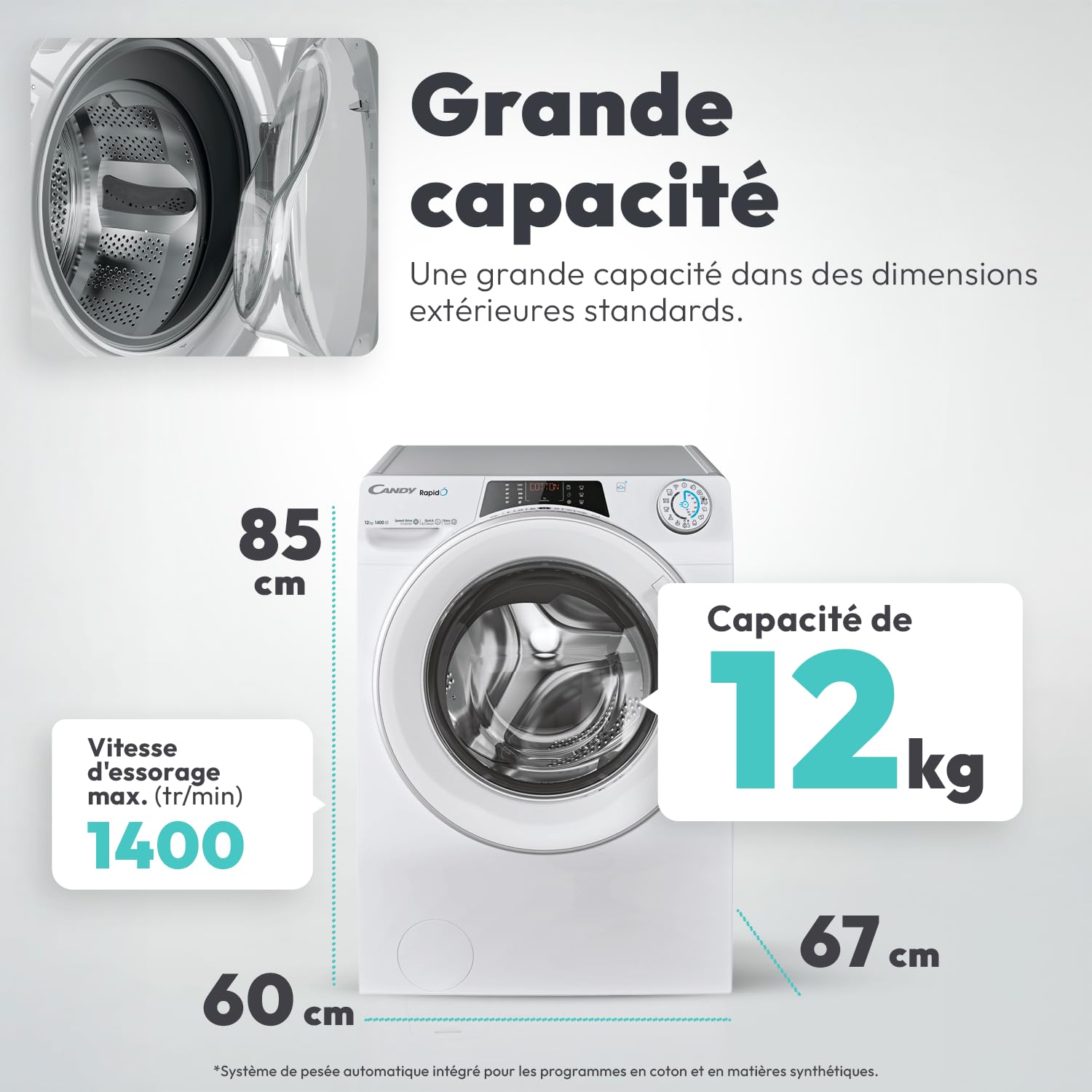 CANDY Lave-Linge Hublot Machine à Laver 12kg 1400 trs/min Classe A WiFi Bluetooth Ecran Digital Blanc 85x60x67 cm RO14126DWMST-S