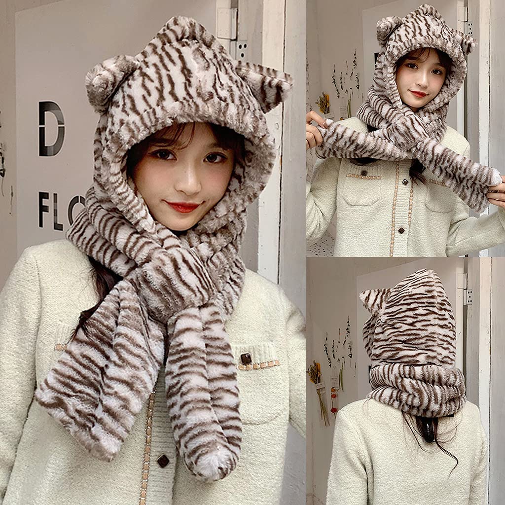 Fashion Winter Warm Bear Ears Hat Stripes Windproof Multi-Functional Fashion Hat Windproof Scarf & Hat Combo