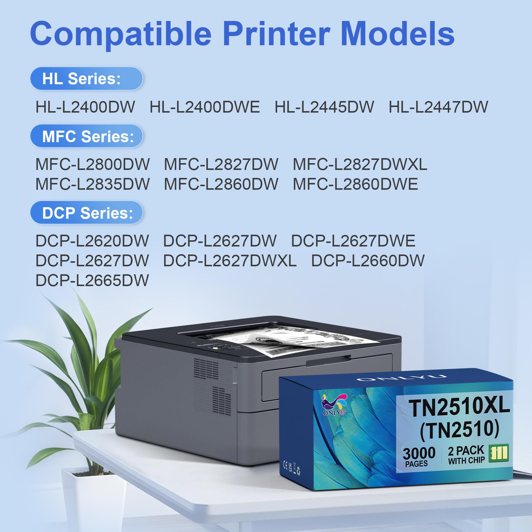 ONLYU TN2510 TN2510XL Toner TN 2510XL TN-2510 XL Compatibile con Brother HL-L2400DWE HL-L2400DW HL-L2445DW DCP-L2627DWE MFC-L2800DW DCP-L2660DW DCP-L2665DW MFC-L2827DWXL MFC-L2860DWE (2 Nero)