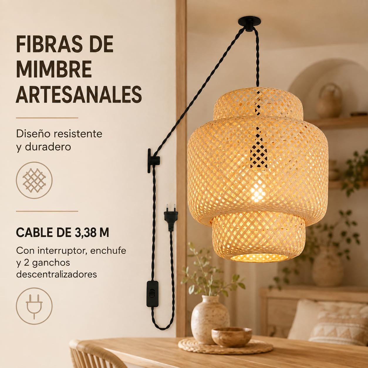 BARCELONA LED Suspension En Osier E27 Avec Prise | BARCELONA LED Suspension En Osier E27 Avec Prise