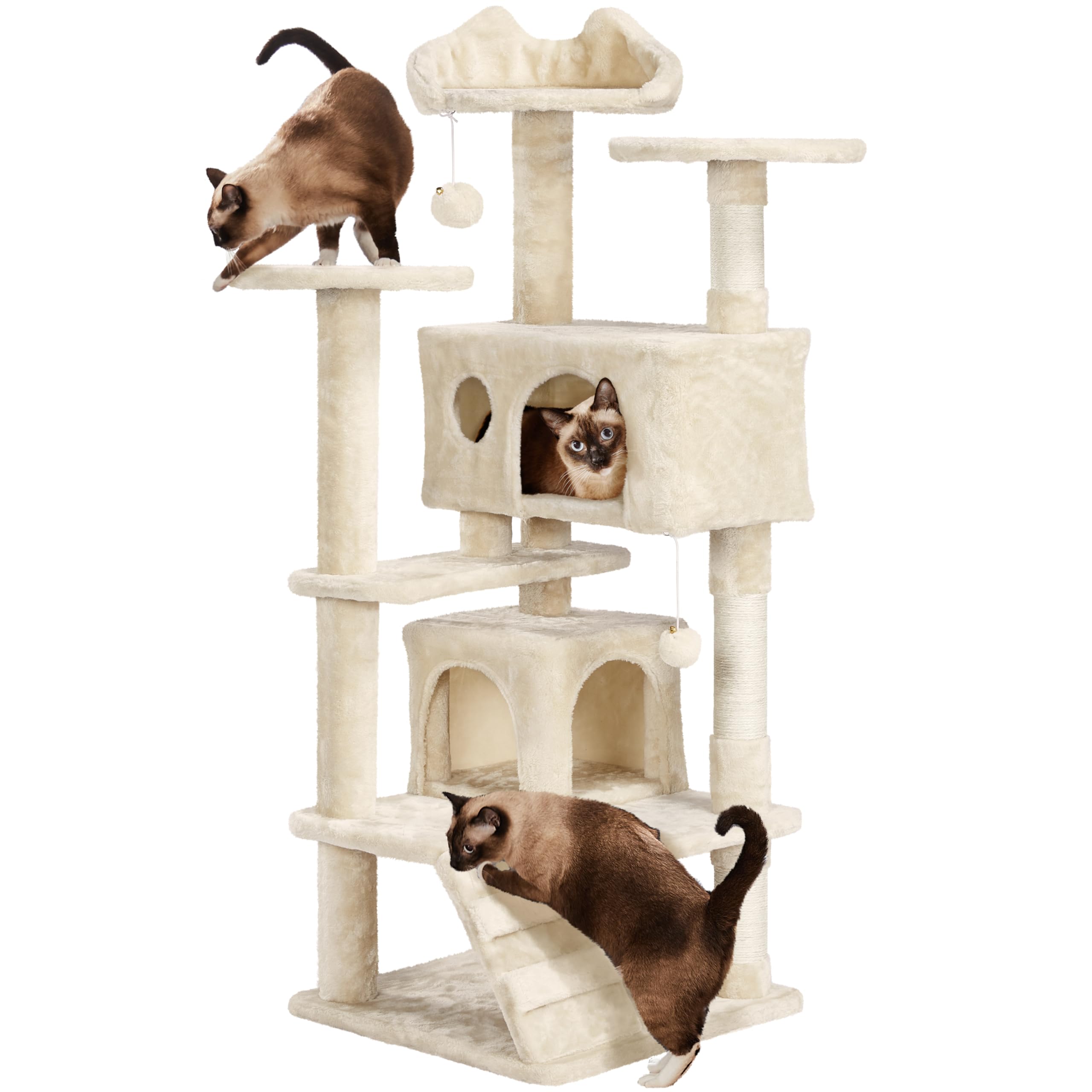 Yaheetech Árbol Rascador para Gatos 139cm con 3 Plataformas 2 Nidos 2 Pompones Torre de Escalador con Postes en Sisal Ideal para 3-4 Gatos Gris Oscuro — view 14