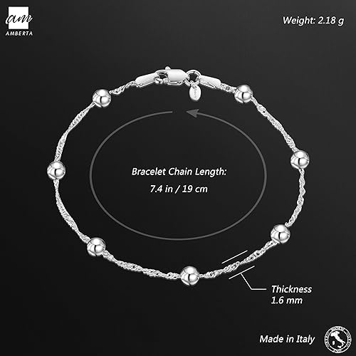 Miniatura 3 de Amberta Pulsera de plata de ley 925 1.4 Singapur con cuentas de bola de 0.157 in, 7 pulgadas, 7.5 pulgadas