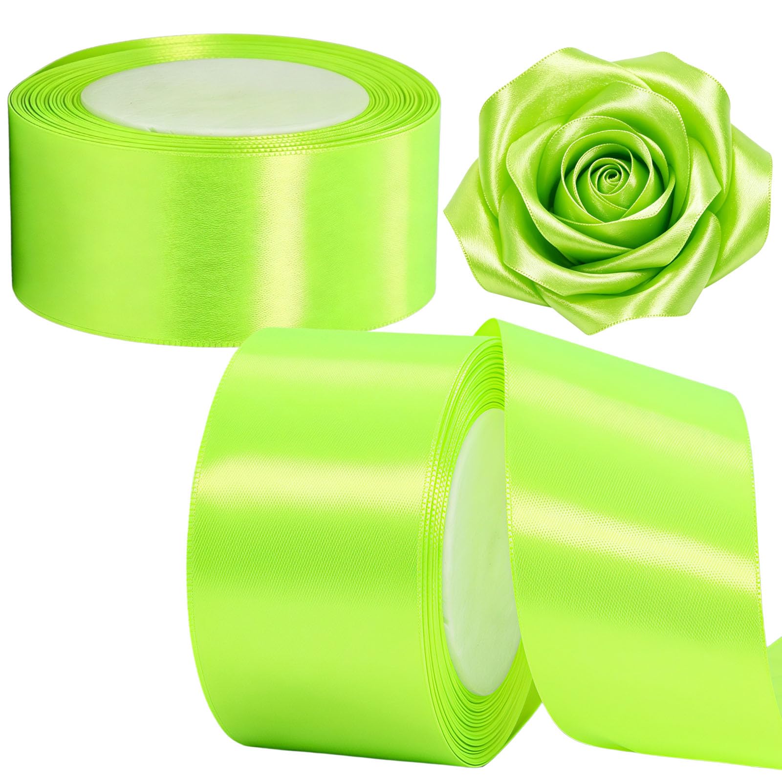 2 Rolls 50mm Neon Green Wide Satin Ribbon for Gift Wrapping, 22m per Roll, 44m Fabric Ribbon for Presents, Crafts, Bows, Bouquets, Wedding and Party Decoration