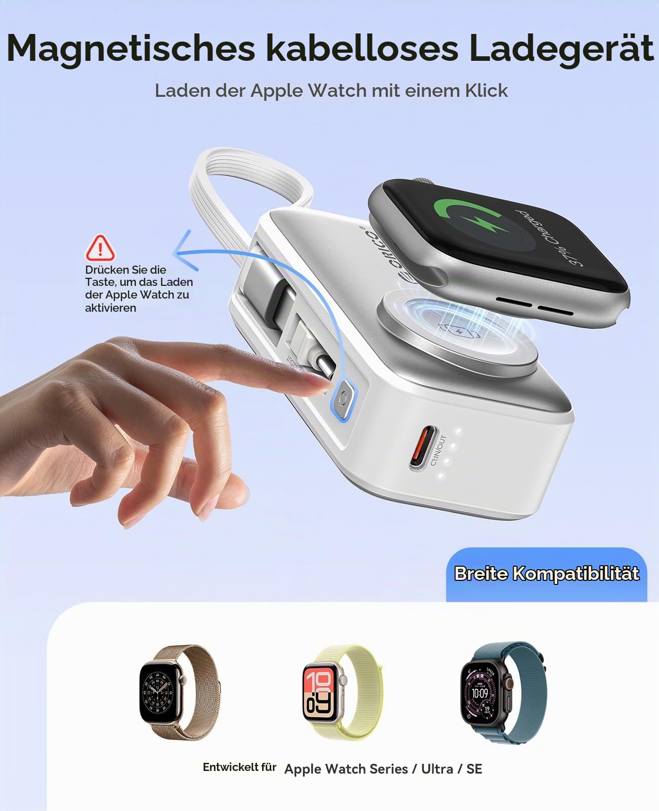 ORICO Mini Powerbank 5000mAh Weiß, Kompatibel mit Apple Watch und iPhone | PD 22,5W Schnellladung, Aufstellständer, nur Apple Watch Ladefunktion, klappbarer USB-Stecker, integriertes USB-C Kabel