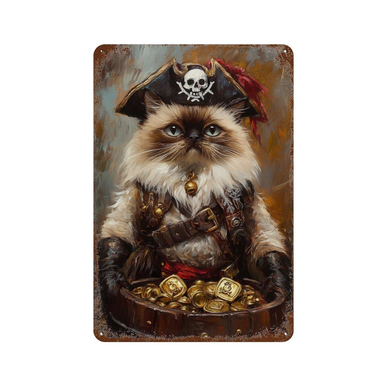 Pirate Cat Treasure Chest-11 Rustic Tin Plaque 11.8"x7.9", Industrial Home Decor for Pub, Kitchen And Man Cave Decor