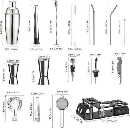 Miniatura 7 de CKductpro Juego de coctelera de 25 piezas con soporte acrílico, herramientas de barra de acero inoxidable para mezclar bebidas, hogar, bar, fiesta