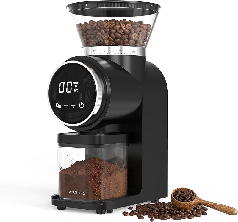 Electric Conical Burr Coffee Grinder, Touchscreen Coffee Grinder for Home Use, Compact Burr Mill Grinder with 30 Grind Settings, Detachable Hopper & Coffee Container, Black
