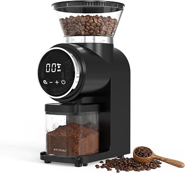 AYCHIRO Electric Conical Burr Coffee Grinder, Touchscreen Coffee Grinder for Home Use, Compact Burr Mill Grinder with 30 Grind Settings, Detachable Hopper & Coffee Container, Black
