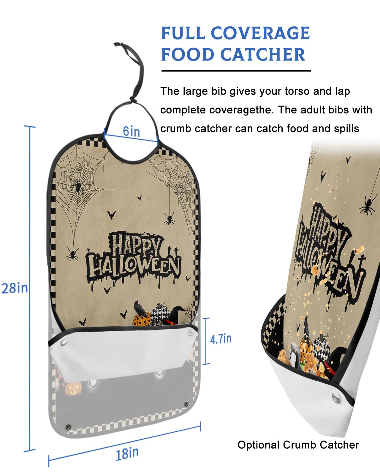 Halloween Adult Bibs for Eating, Waterproof Bibs with Food Catcher & Adjustable Snap Closure, Farmhouse Black Beige Plaid Truck Pumpkin Washable Clothing Protectors Adult Bibs for Elderly Women/Men