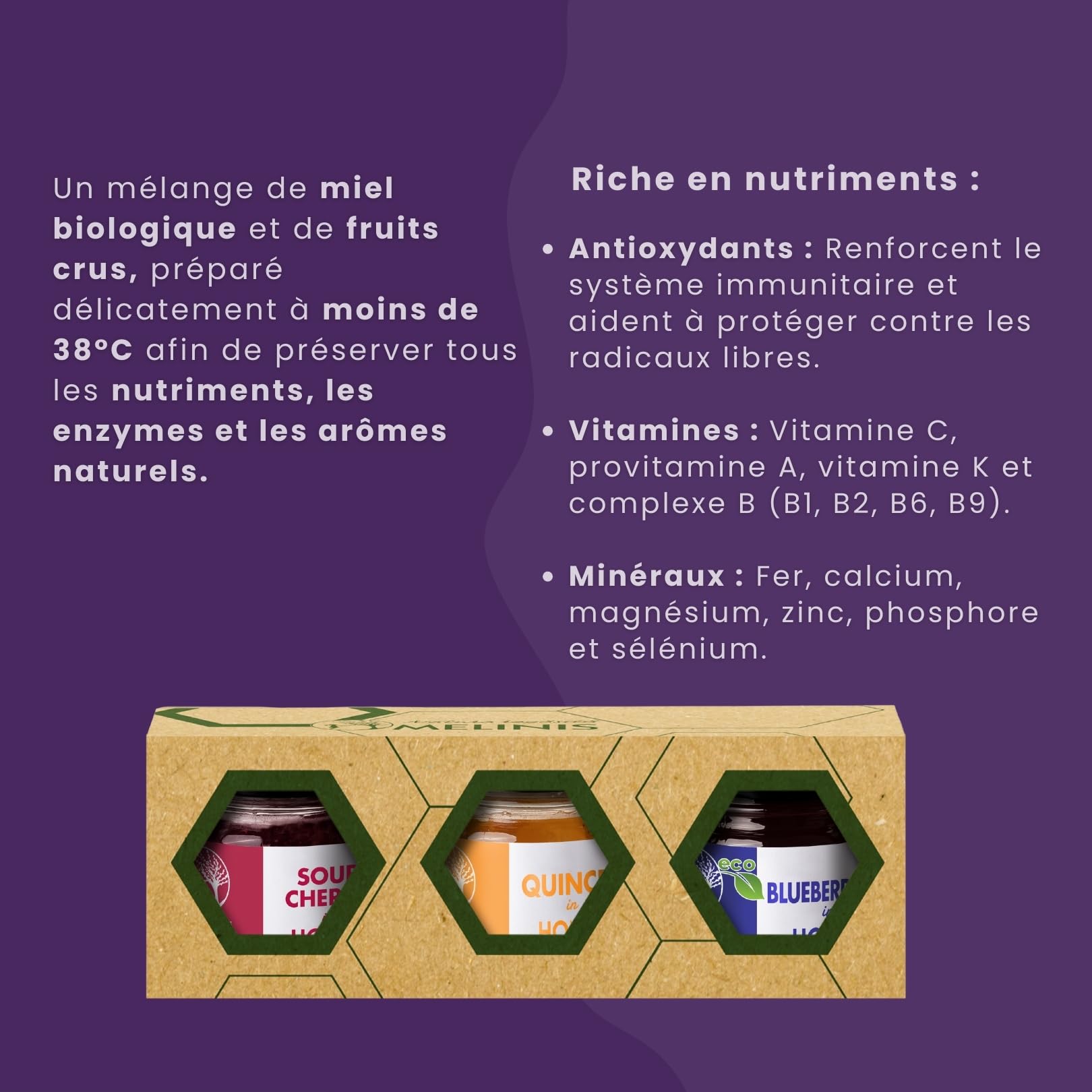 Coffret Dégustation 3 × 40 g – Miel Bio Tartinable aux Myrtilles, Coings Bereczki et Griottes – Sans Sucre Ajouté – Tartinables Naturels pour Petit-Déjeuner, Snacks et Cadeau Gourmet – Melinis