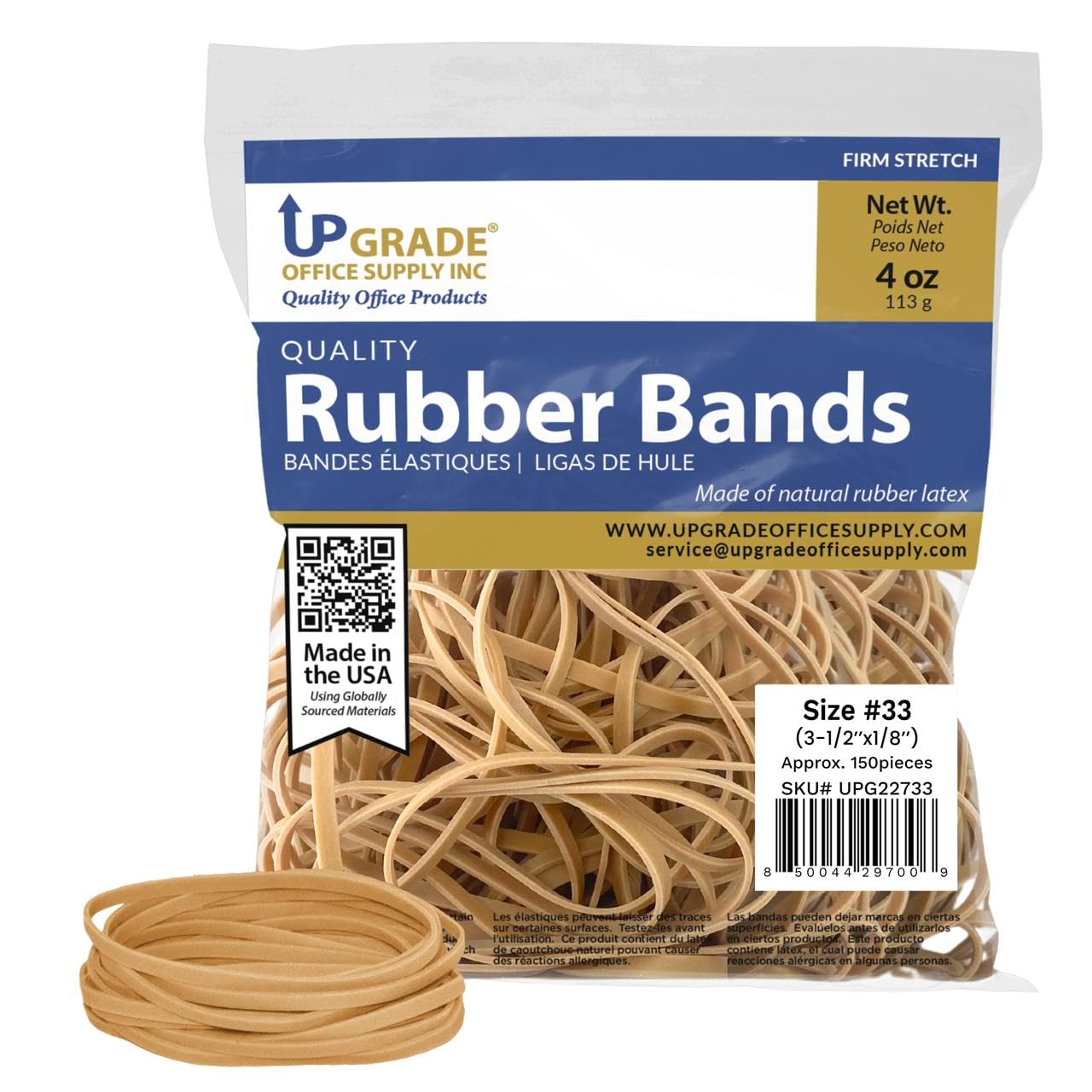 Upgrade Office Supply UPG22733 Rubber Bands, Size #33 (3-1/2” x 1/8”), 150 Bands, 1/4 lb, USA