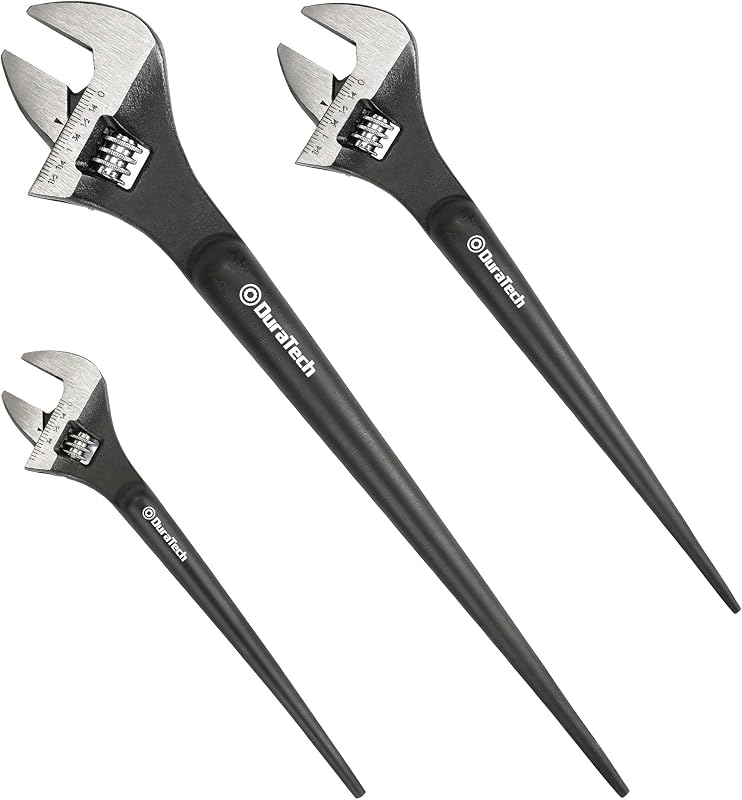 DURATECH 3-Piece Adjustable Construction Spud Wrench Set, 8, 10, 12-inch | Black Oxide Finish, CR-V Steel, SAE and Metric Scale Marked, Alignment Holes and Tail Crowbar Features