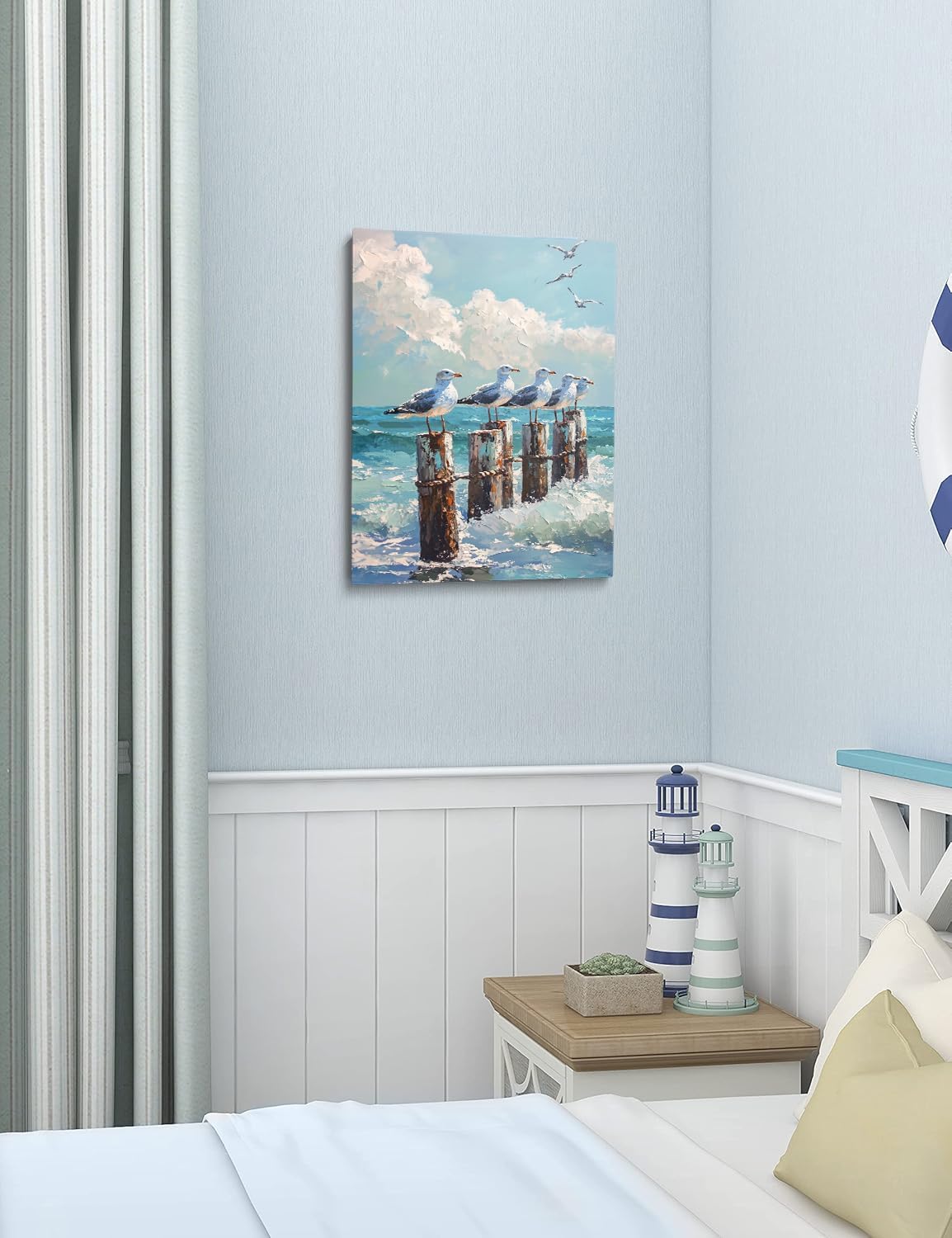 Amovlov Framed Nautical Decor Coastal Room Art Beach Themed Frank Ocean Posters with Lighthouse and Seagull Bathroom Wall Decor Pictures for Coastal Canvas Wall Art Ready to Hang (16"x24")