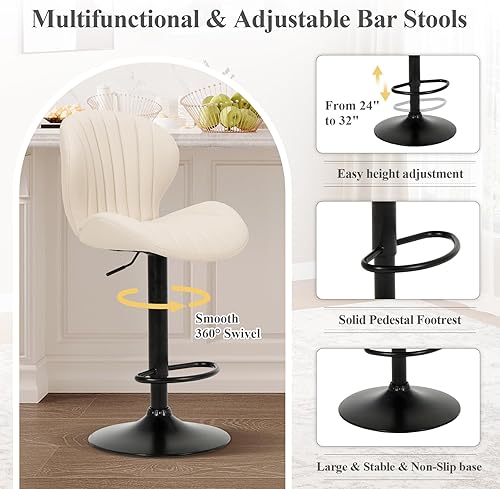 Miniatura 4 de COLAMY Juego de 2 taburetes de bar, modernas sillas de bar giratorias, taburetes tapizados de piel sintética ajustable, altura de mostrador con