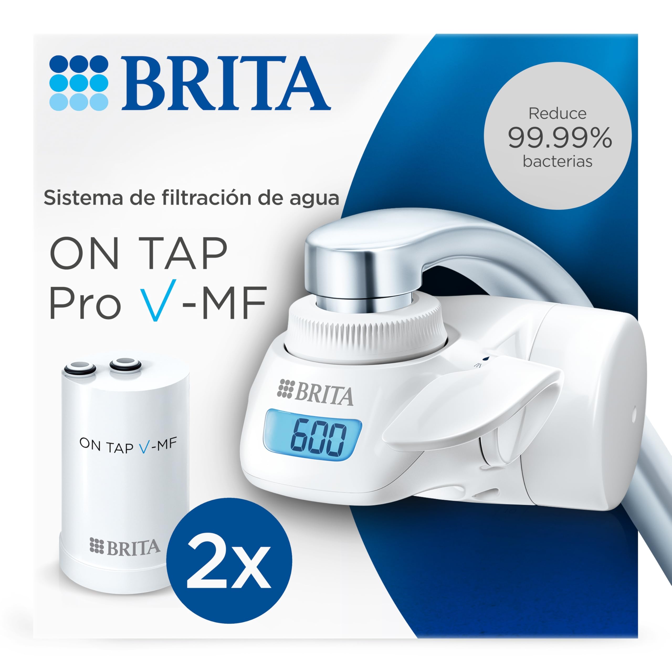 BRITA Sistema de filtrado de agua ON TAP Pro V-MF incl. 2x cartucho filtrante (600L) - para un 99,99% de agua libre de bacterias, reduciendo PFAS, incl. cuenta atrás digital LCD de capacidad