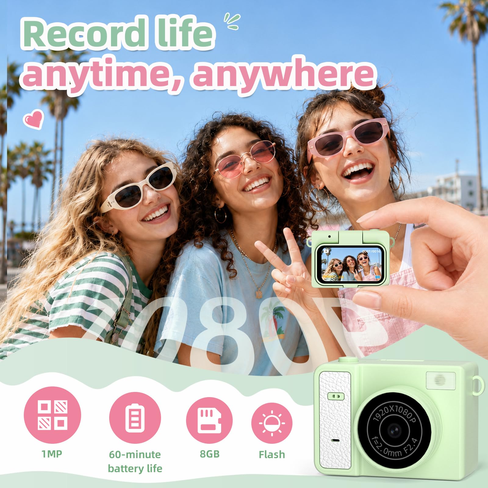 Mini fotocamera con portachiavi, fotocamera digitale portatile 1080P con LCD flip da 1,47", fotocamera retrò da collezione per viaggi, feste, compleanni (verde)