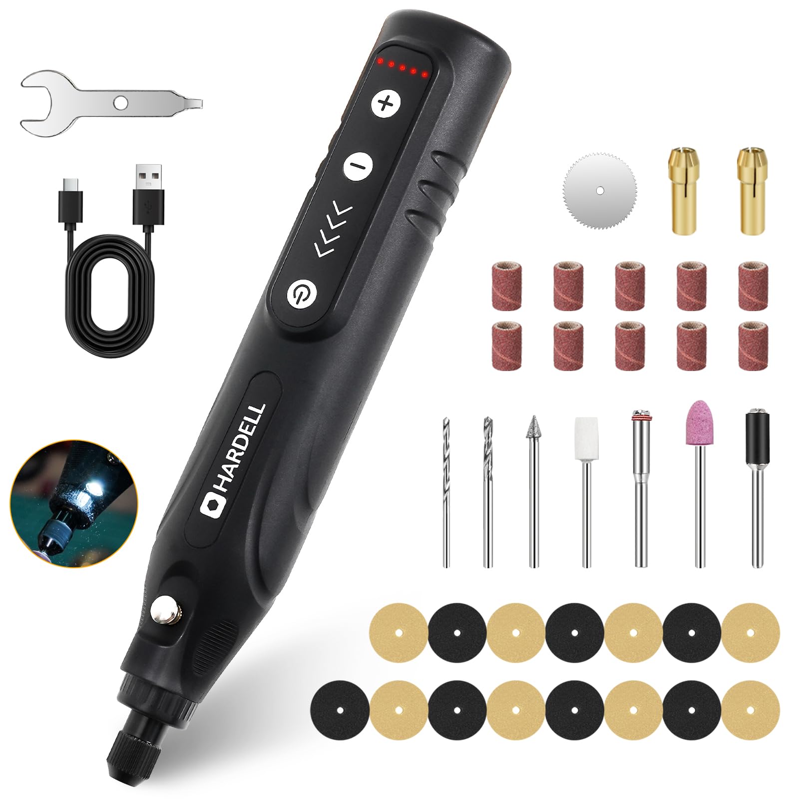 HARDELL Mini Cordless Rotary Tool 4V - 5-Speed Rotary Tool with LED Light, 2000mAh Battery, Multifunctional Carving Tool Cordless Kit for Sanding, Polishing, Drilling, Small DIY Projects