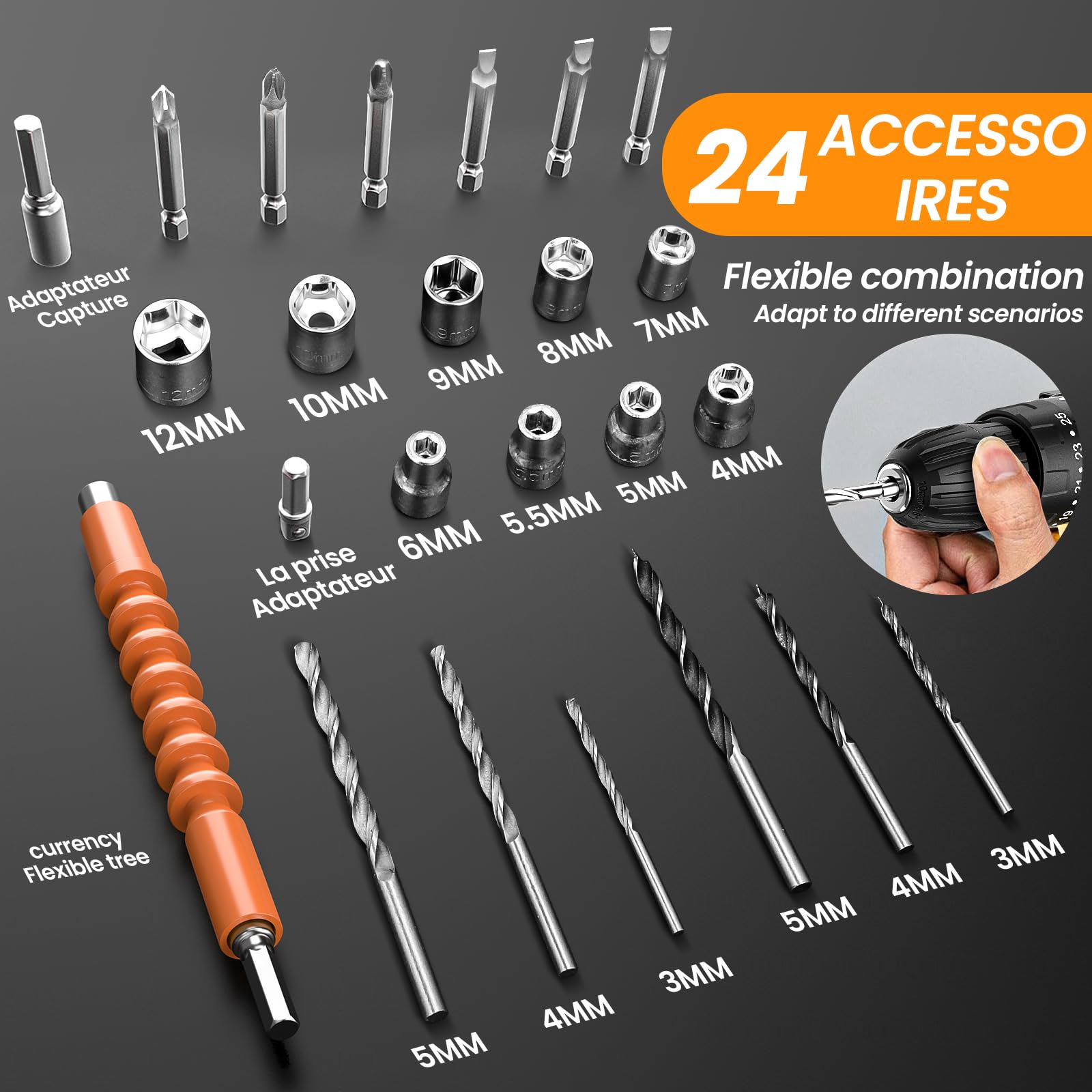 Perceuse Visseuse Sans Fil 21V 2 Batteries 2.0Ah 42Nm 25+3 Réglages Couple 2 Vitesses LED 29 Accessoires Valise