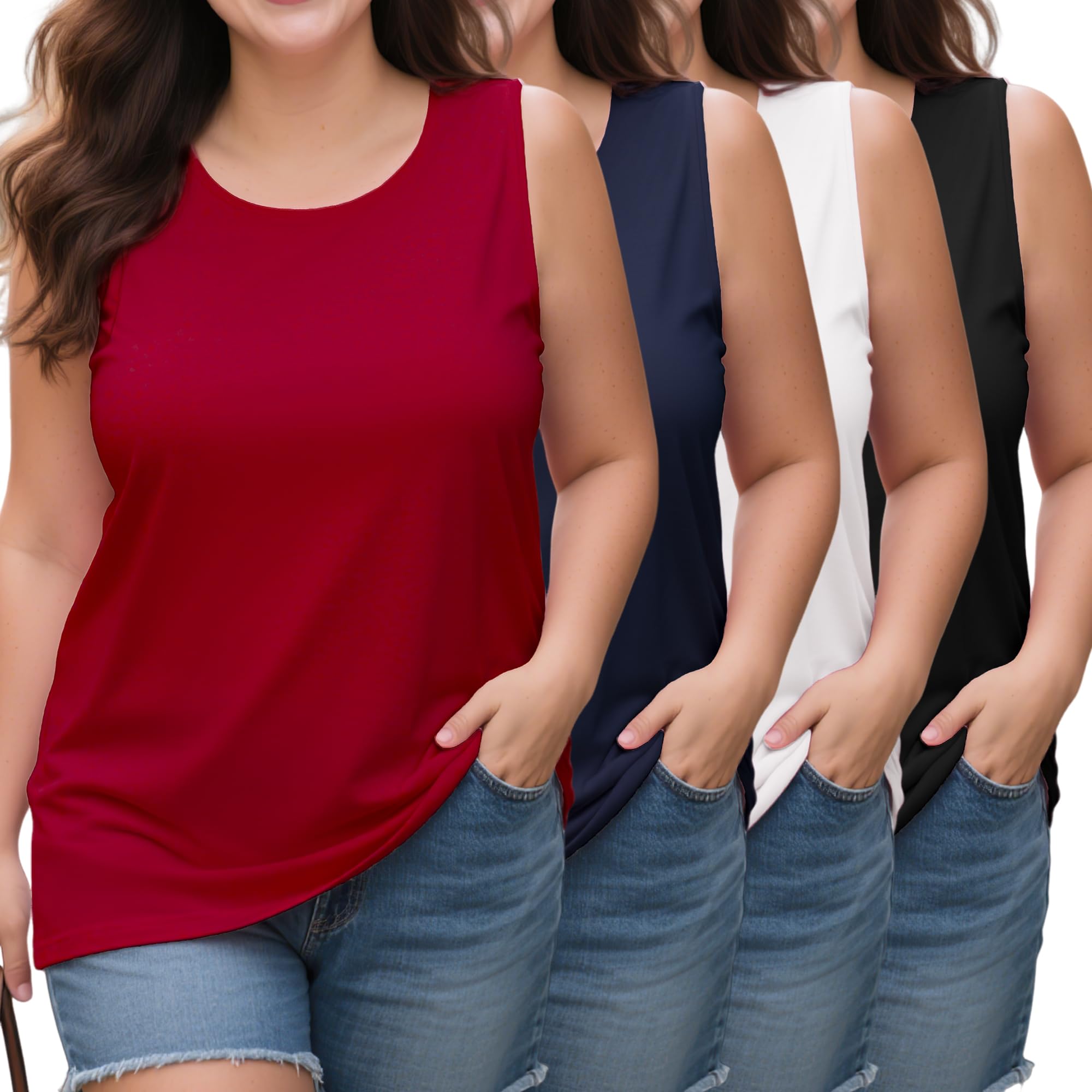 4 Pack Womens Plus Size Tank Tops Scoop Neck Sleeveless Shirts Casual Summer Ladies Basic T-Shirts Tee