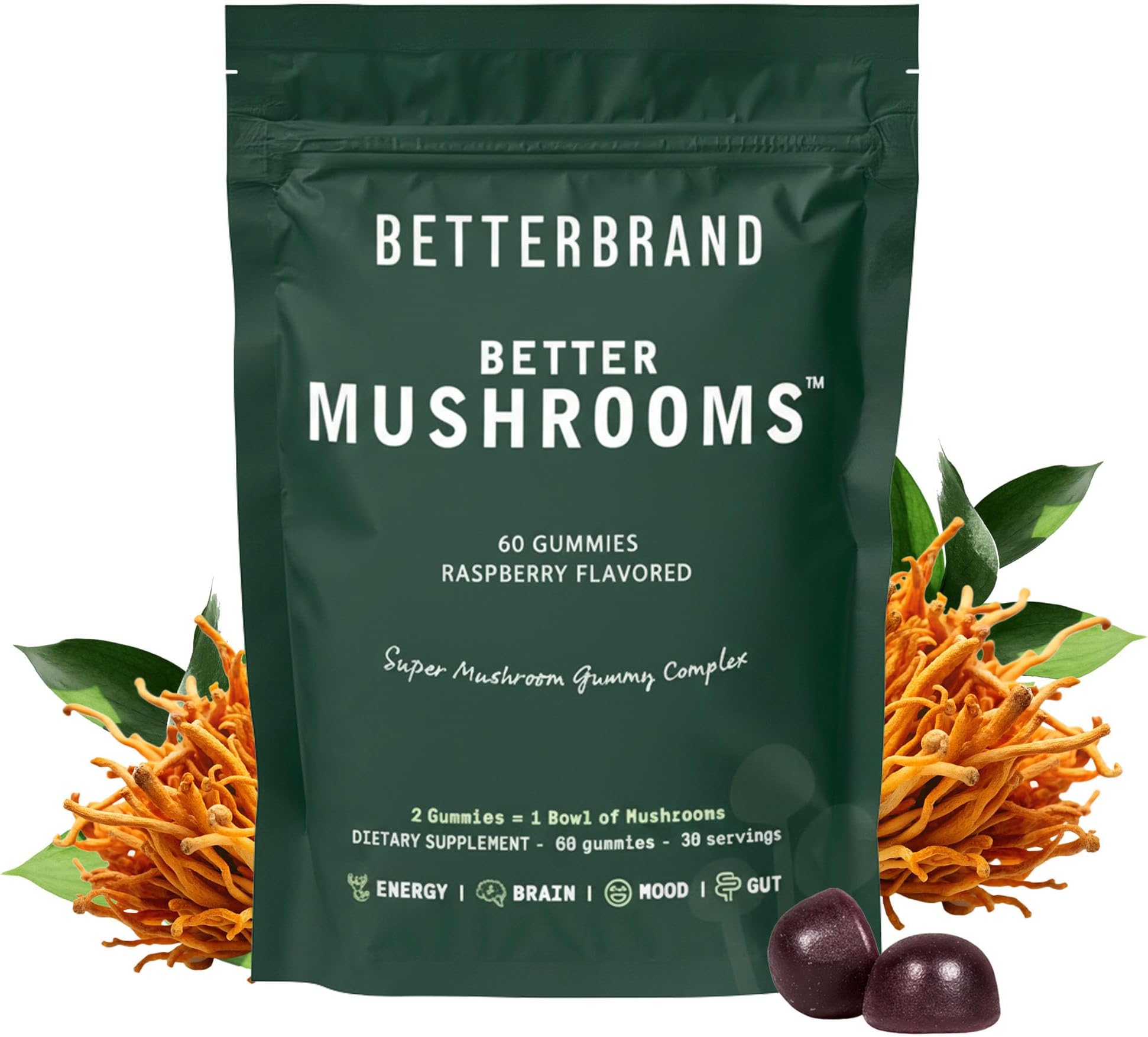 Betterbrand BetterMushrooms Nootropic Gummies - Supports Better Gut Health, Cognitive Function, Mental Clarity with 10 Functional Mushrooms - 60 Gummies - Raspberry Flavor - Pack of 1