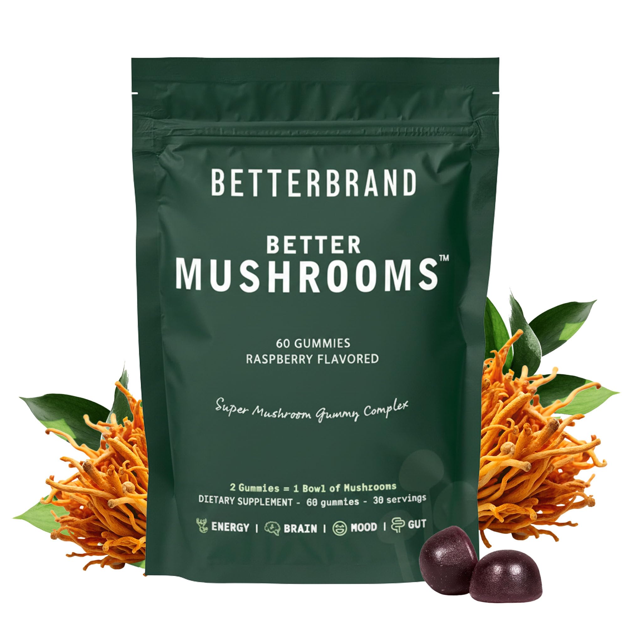 Betterbrand BetterMushrooms Nootropic Gummies - Supports Better Gut Health, Cognitive Function, Mental Clarity with 10 Functional Mushrooms - 60 Gummies - Raspberry Flavor - Pack of 1