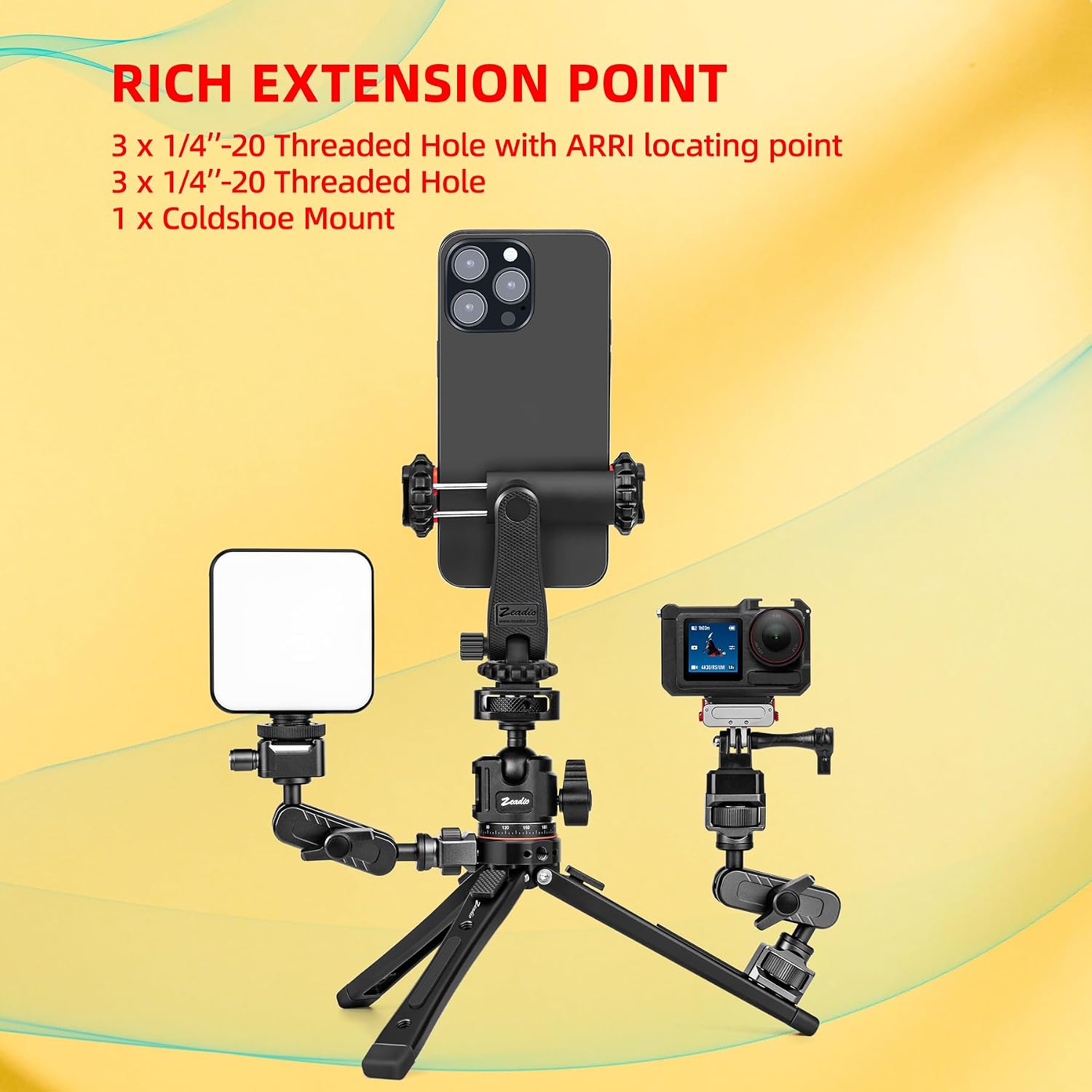 Zeadio Heavy Duty Metal Tripod Kit, Universal 1/4" Screw Adapter Tripod Mount with Phone Holder & Action Cam Adapter for Cell Phone, Camera, Gimbal, Action Cam, Travel Vlogging etc
