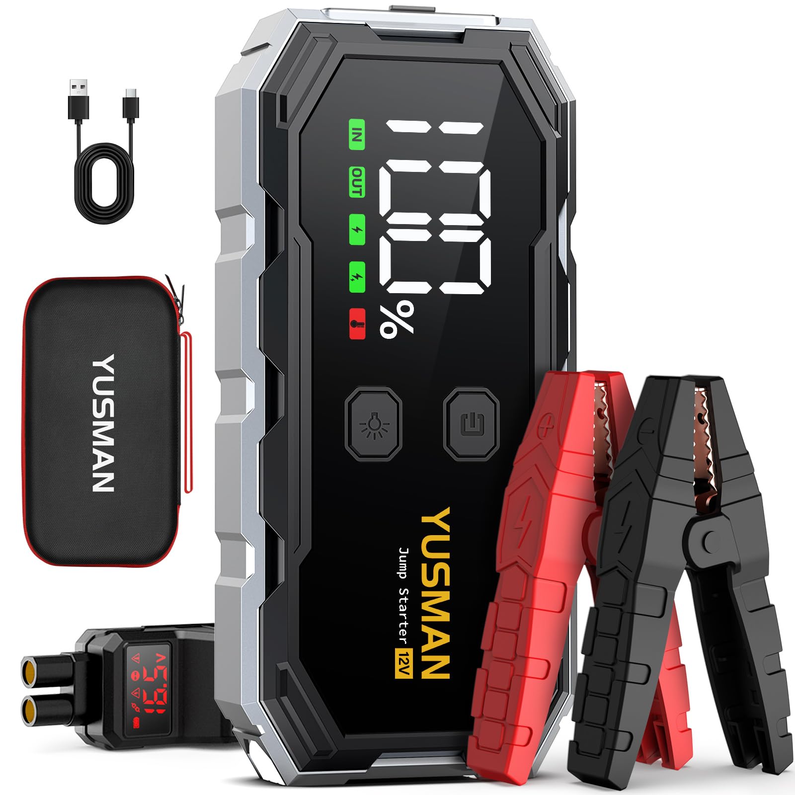 YUSMAN Car Jump Starter, 7000 A Car Battery Starter, 12 V Portable Jump Starter with for All Petrol or 10L Diesel, Emergency LED Flashlight, Quick Charge, Extra Large LCD Display