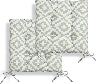 OHS 2 Pack Seat Pads Outdoor Seat Cushions, Geometric Water Resistant Indoor Outdoor Seat Pads with Ties for Garden Furniture Bistro Chairs Dining Kitchen Chair Cushions, Sage - 40 x 40cm
