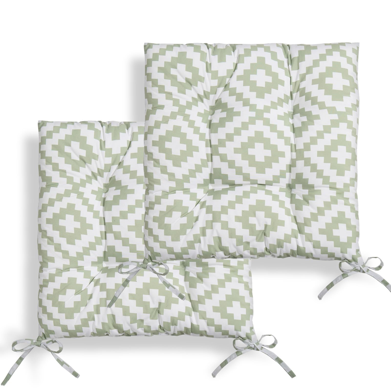 Ohs Sage Geo 2 Pack Seat Pads For Dining Chairs Geometric Print Garden Chair Cushion, Soft Comfy Outdoor Chair Cushions With Ties For Living Room Kitchen Office, Sage-40X40cm