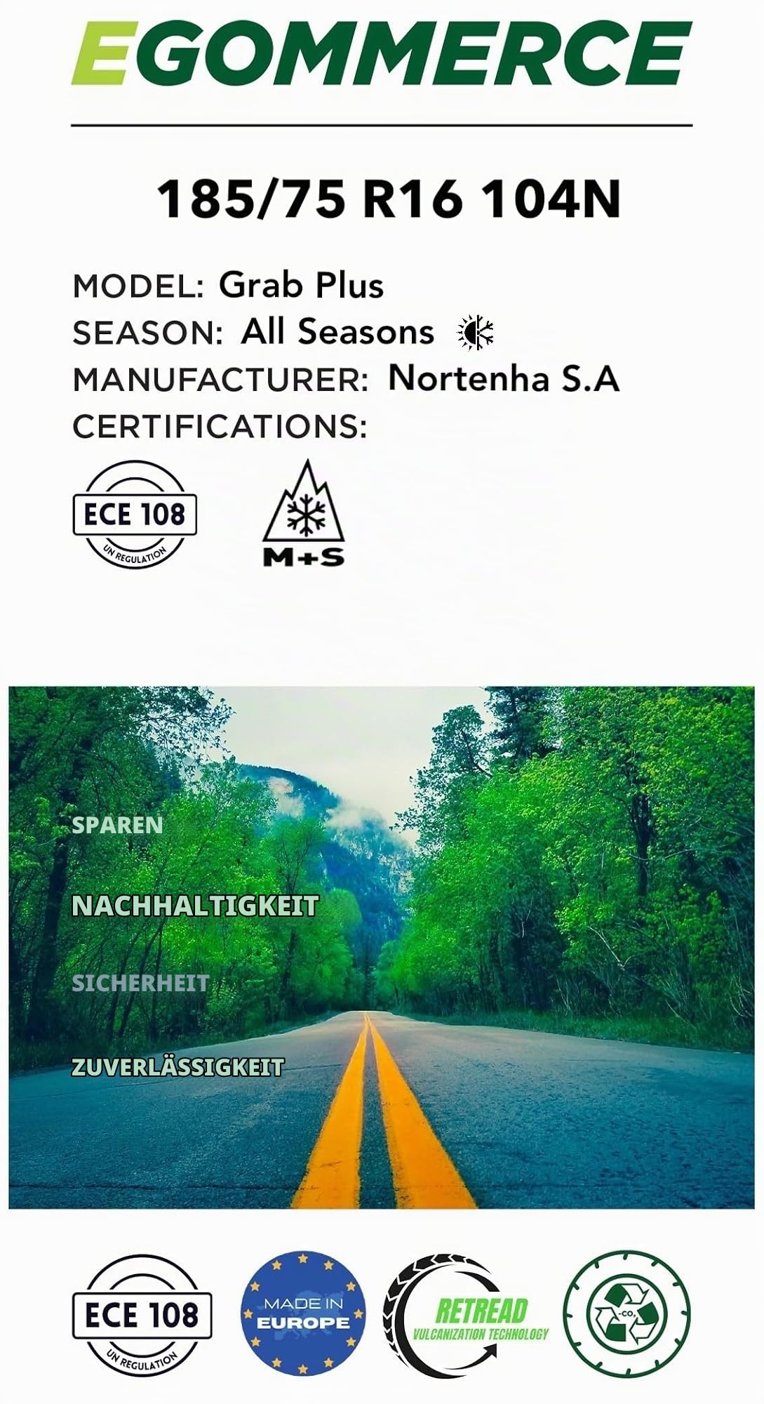 GRAB PLUS 185/75 R16 104N, zertifiziert M+S/3PMSF, 4-Jahreszeiten-Reifen, All-Saison-Reifen für Autos, hergestellt in Portugal und umweltfreundlich, Garantie 2