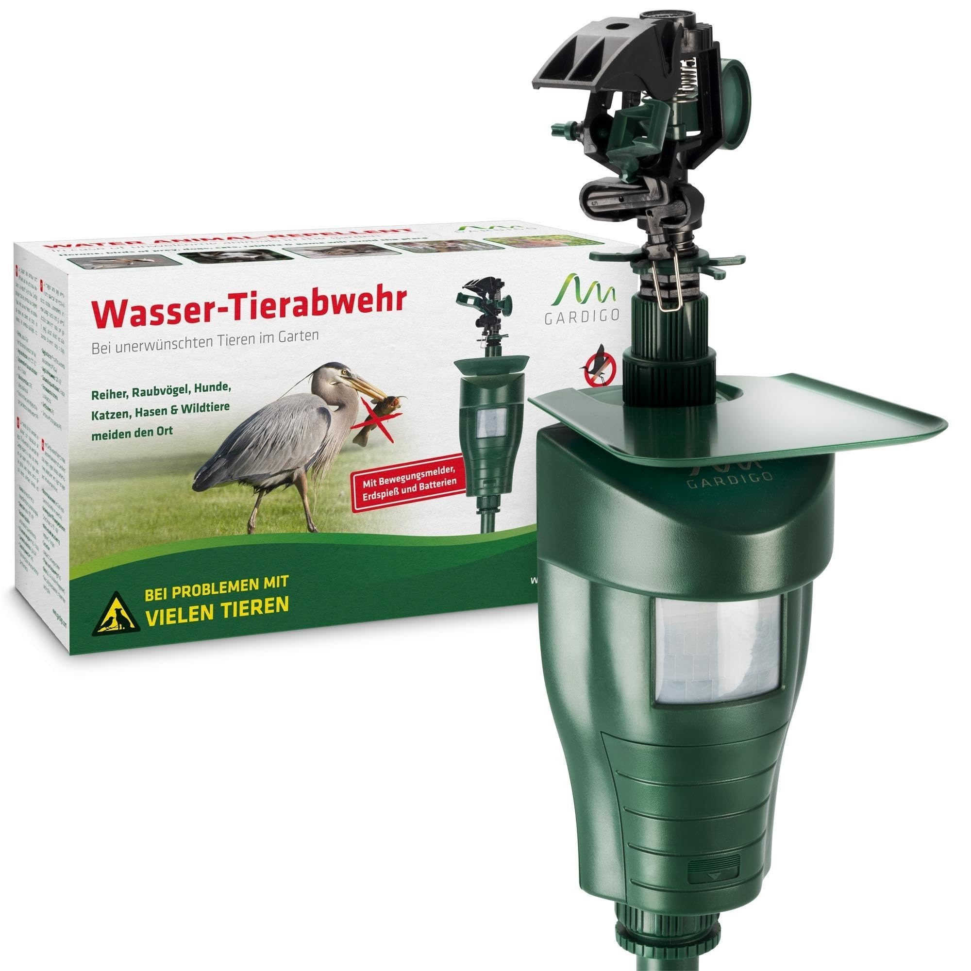 GARDIGO® Water Jet Animal Repellent | Bird Repellent, Heron Repellent, Cat Repellent Garden | Motion Activated Sprinkler | Up to 10m Range | Pigeon Deterrent Heron Scarer | Batteries Included