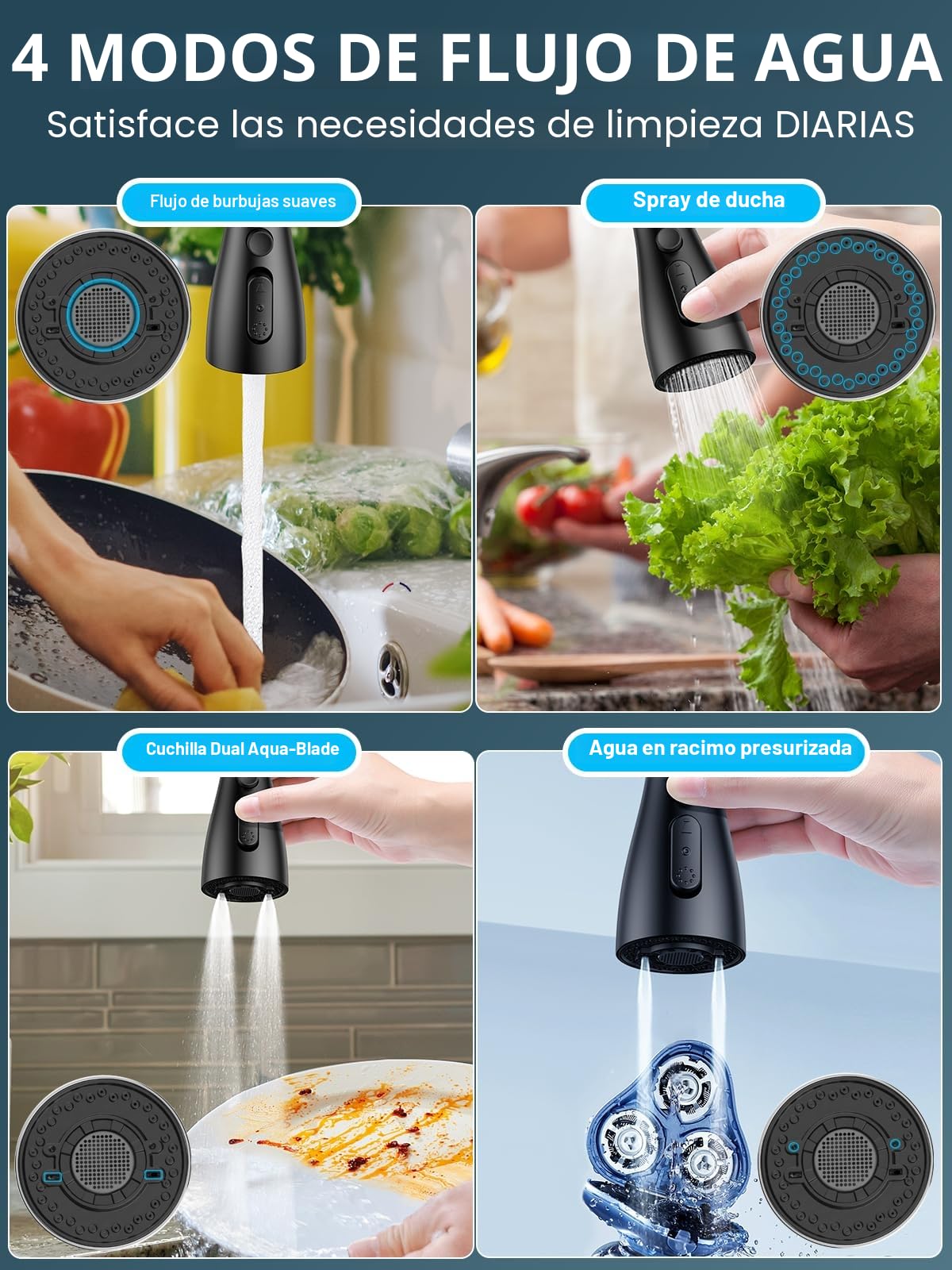 Grifo Cocina Extraible - Grifos Fregadero con Caño giratorio de 360°,4 Modos Monomando Acero Inoxidable Torneira Cozinha,Arco Alto, para Fregadero Cocina 1 Agujero,Negro