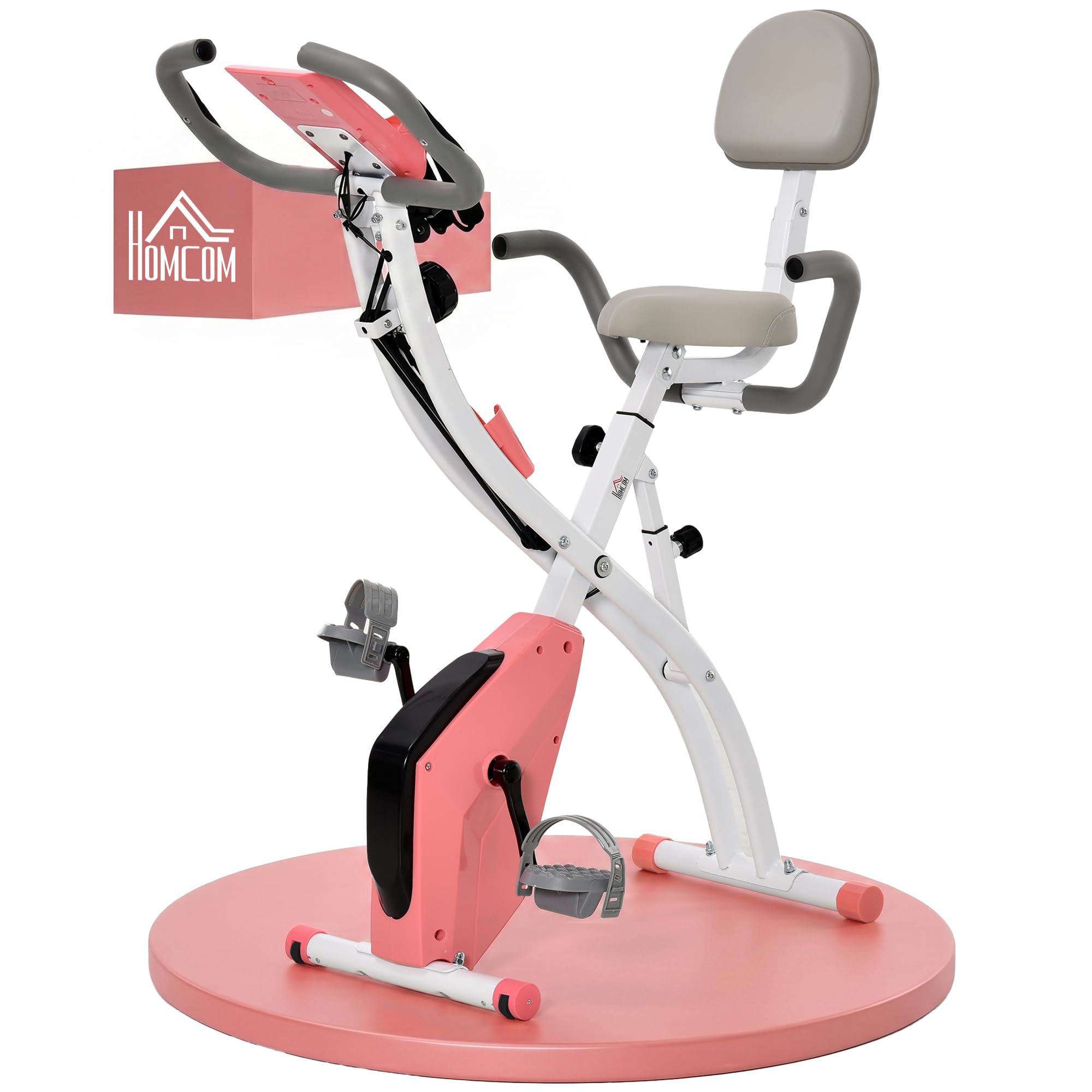 HOMCOM Vélo d'Appartement Pliable 4-​en-​1 - Ergomètre Magnétique Silencieux avec Cordes de Résistance - Sport Maison et Cardio-​training avec Roulettes, Selle Confort et LCD (Max 120kg), Rose
